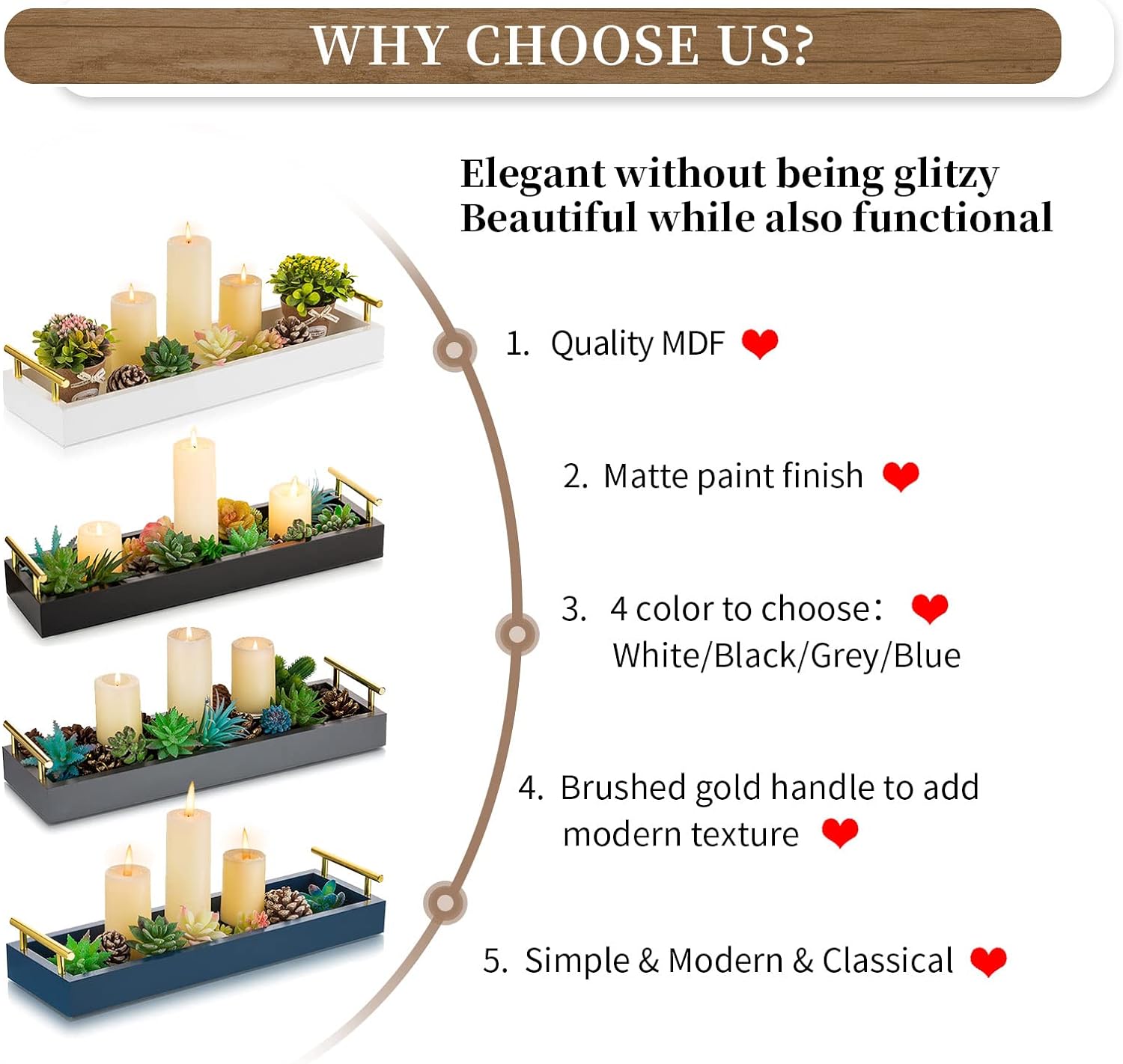 Hanobe Rectangle Long Narrow Tray: Decorative Trays Rectangular Candle Holder Trays for Home Decor White Centerpiece Tray Decor Serving Tray with Gold Handles for Dining Table Coffee Bar Living Room - Image 7