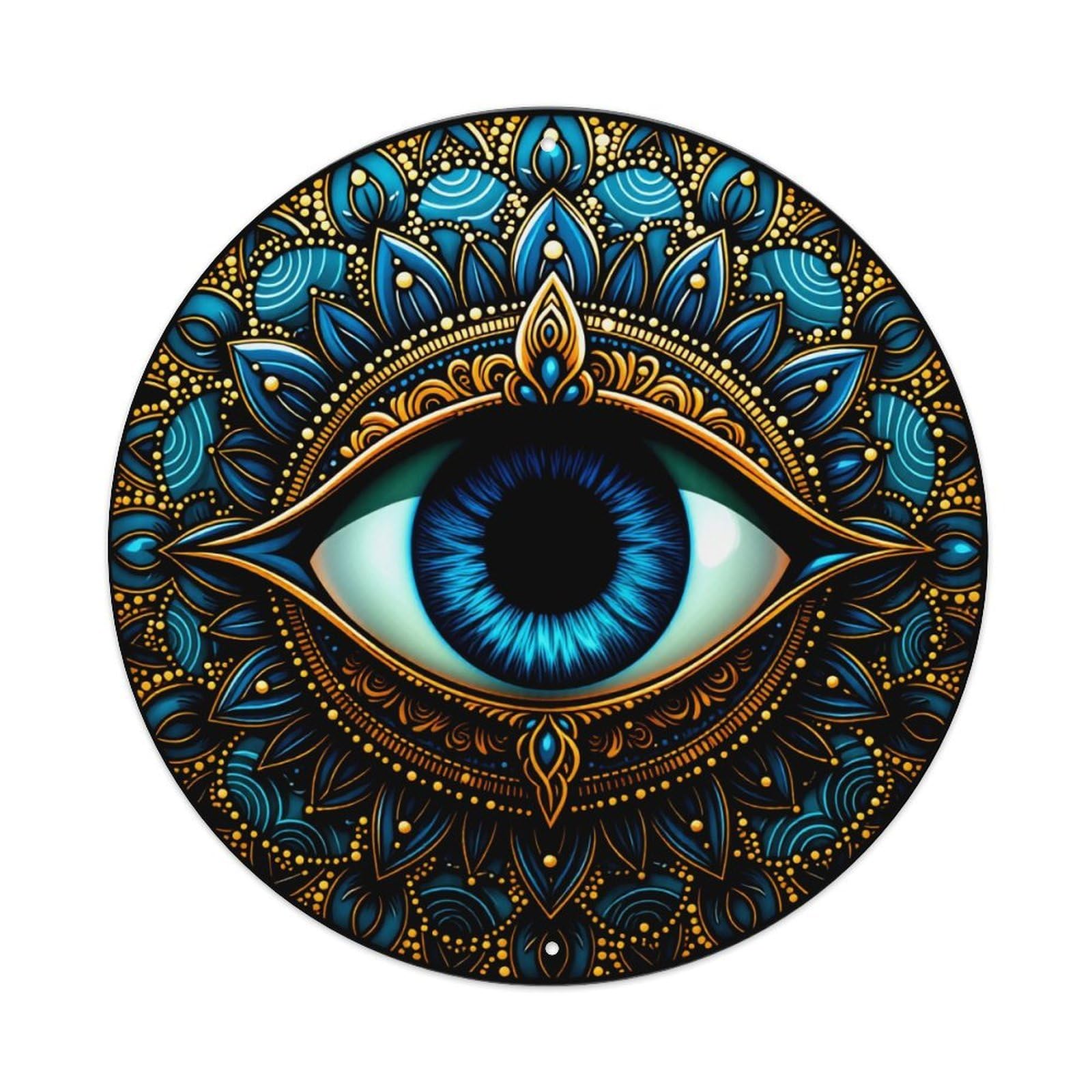 Blue Eye Mandala Pattern With Gold Accents Round Vintage Tin Sign,Retro Wall Art,Metal Poster for Home, Bar, Garage, Cafe, Rustic Indoor & Outdoor Decor, 8x8 Inches