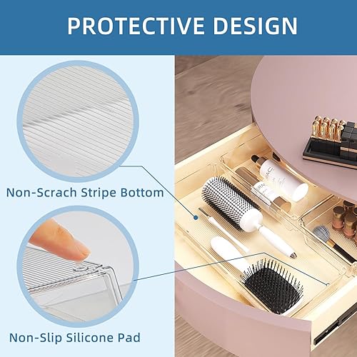 Miniatura 5 de Juego de 8 cubos organizadores de cajones transparentes, bandeja de almacenamiento de cajones de plástico grande de 3 tamaños con almohadillas