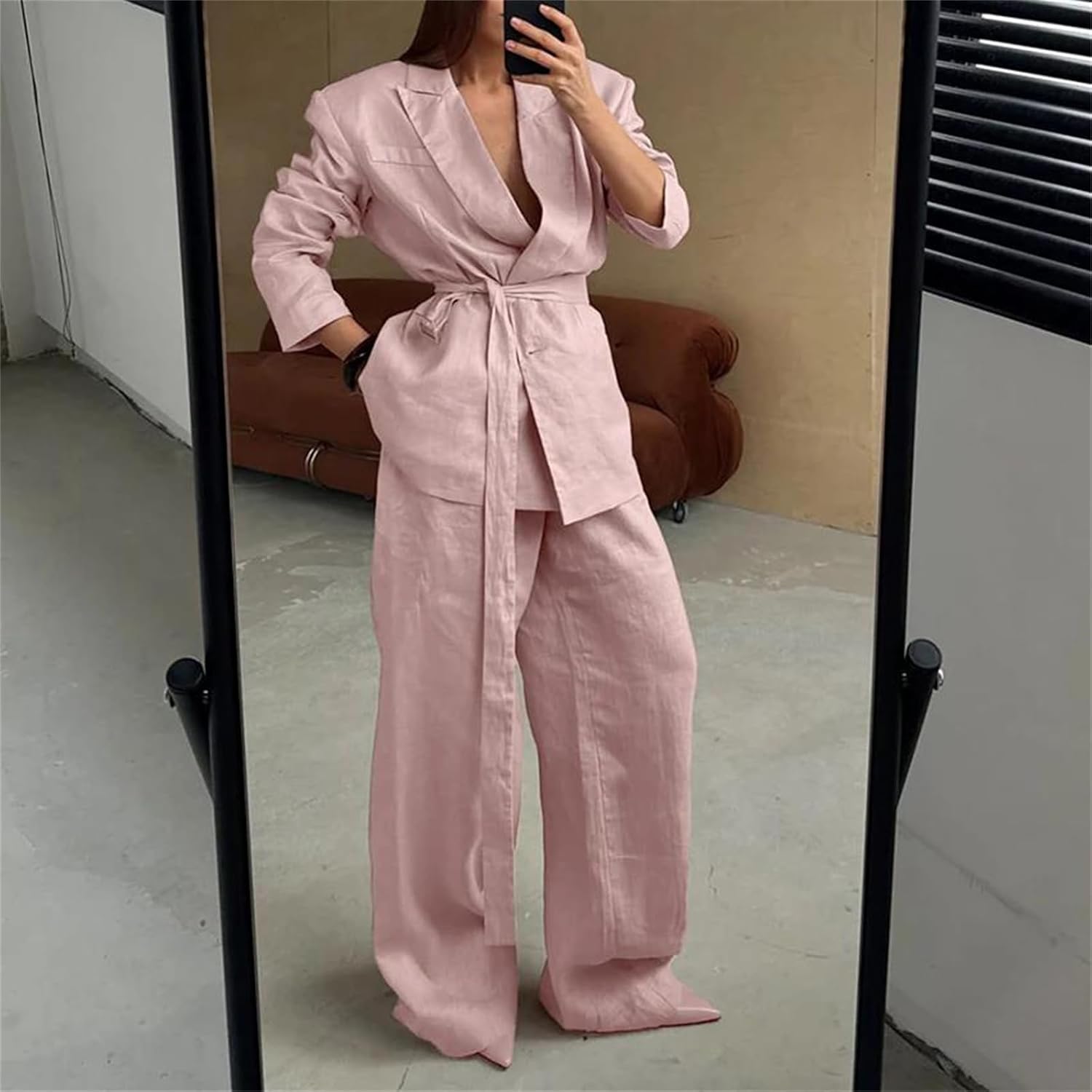 Women’S Office Plunging Neckline Tops Suit Solid Cotton Pants Outfits Pockets Lace Up Loose Long Sleeve Lounge Sets