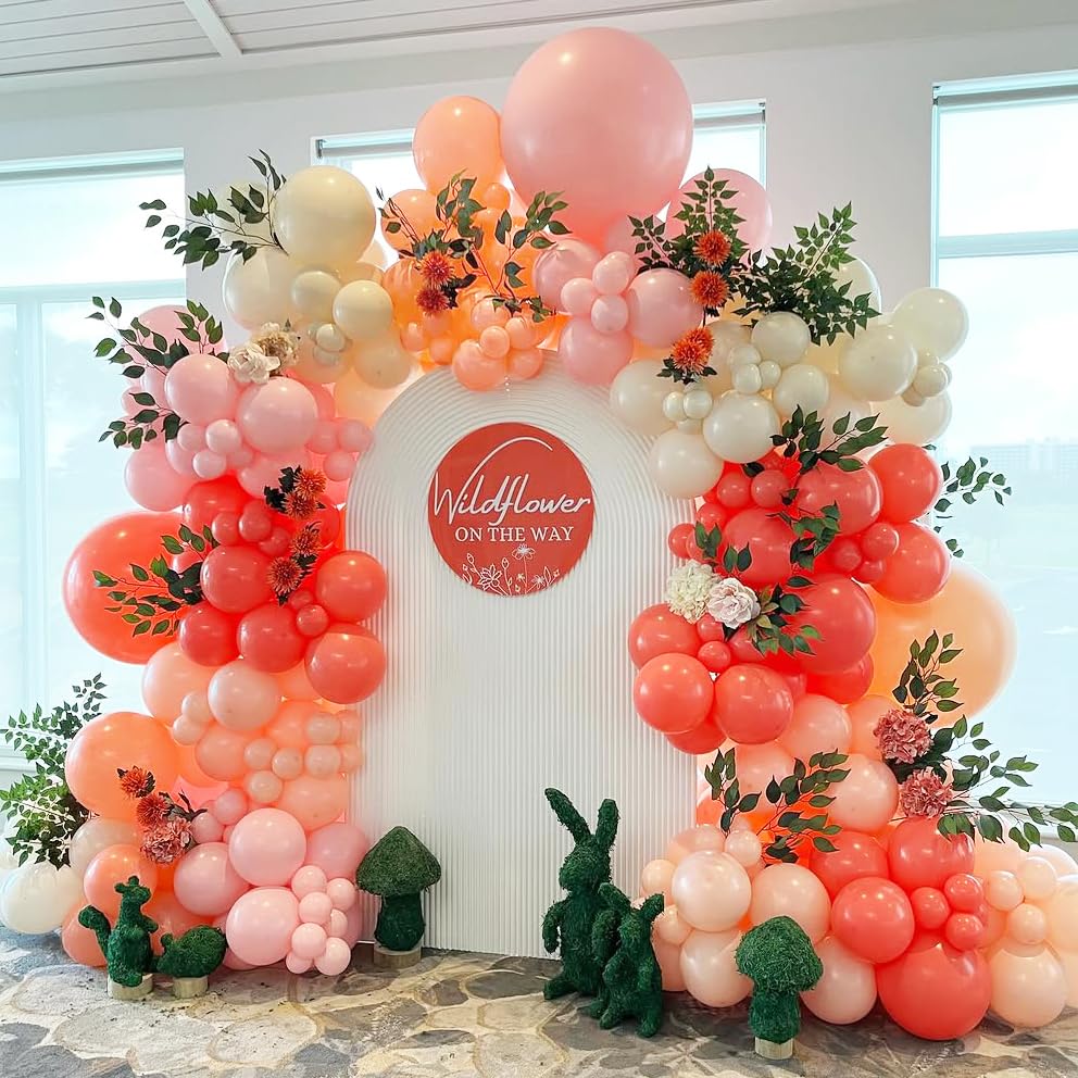 Image of Pink and Coral Red Balloon Garland Arch Kit, Ivory White Maca Orange Latex Balloons Arch Kit for Mother's Day Wedding Engagement Anniversary Birthday Baby Shower Party Decoration Supplies