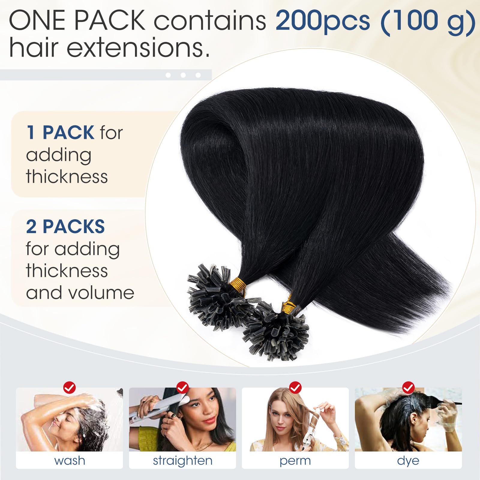 Elailite 200 Stück Extensions Echthaar Bondings 55cm 100g Haarverlängerung U-tips Keratin 0.5g/pcs #1 Schwarz