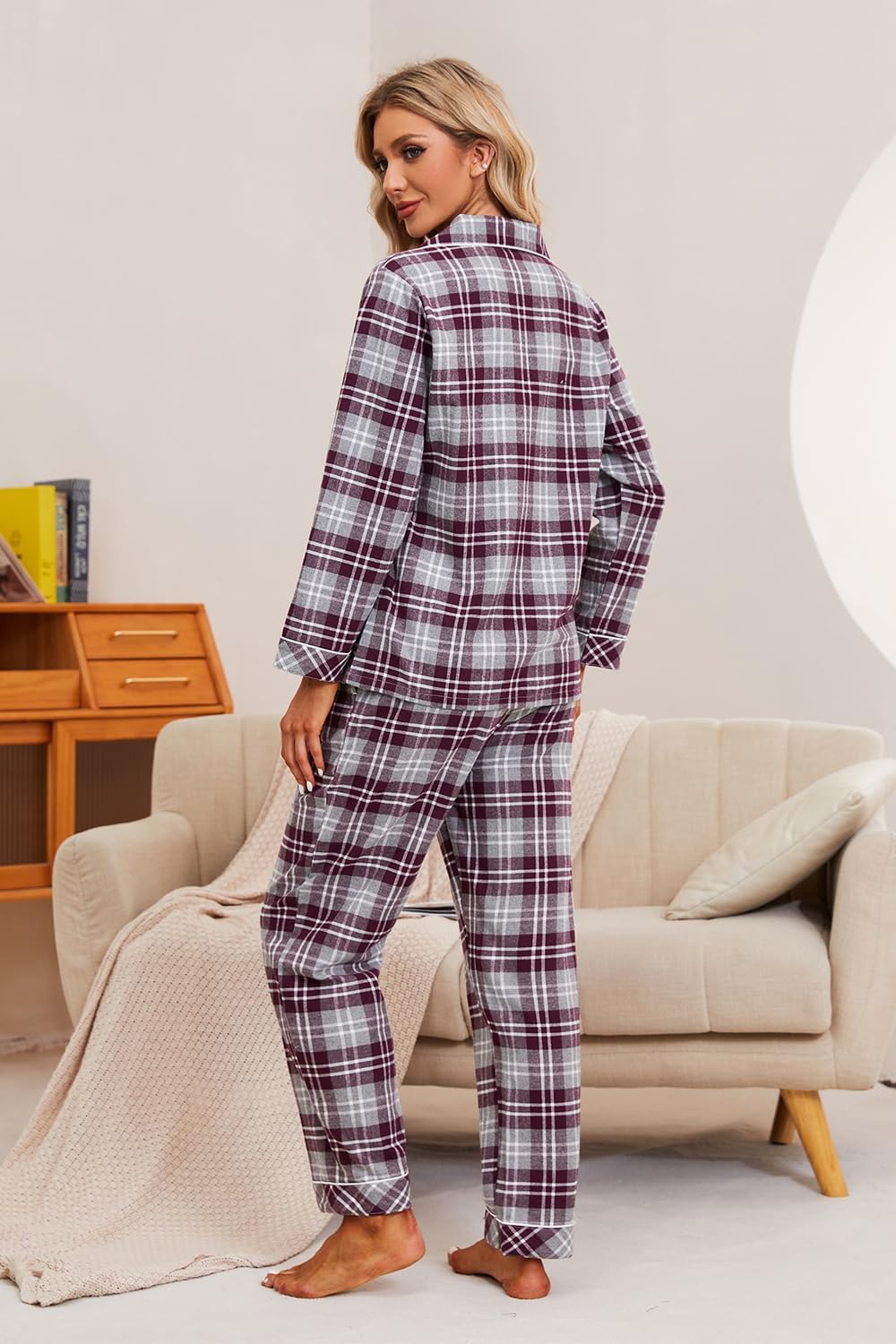 HEARTNICE Cotton Pajama Set for Women Soft Plaid Long Sleeve Flannel Pajamas Set Button Down Woven 2 Piece Lounge Set - Image 2