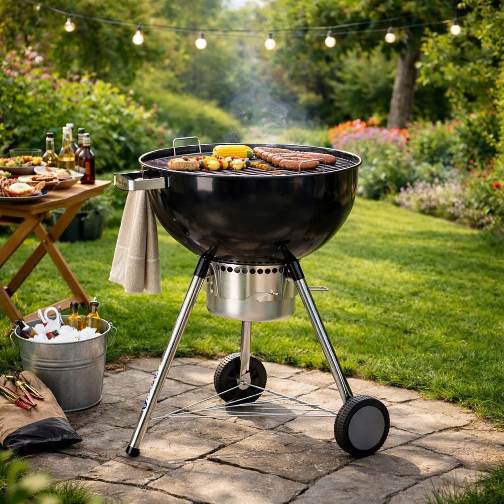 MasterCook - Barbecue a Carbonella Diametro Griglia 57 cm, Barbecue con Ruote e Coperchio, BBQ a Carbone Dotato di Termometro e Sistema Raccogli Cenere, Altezza Griglia da Terra 78 cm (Ketty Nero)
