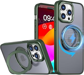 جراب خلفي مغناطيسي مقاوم للصدمات مع حلقة معدنية + موبايل هجين من البولي كربونات والبولي يوريثين الحراري متوافق ايفون 15 برو ماكس اخضر داكن