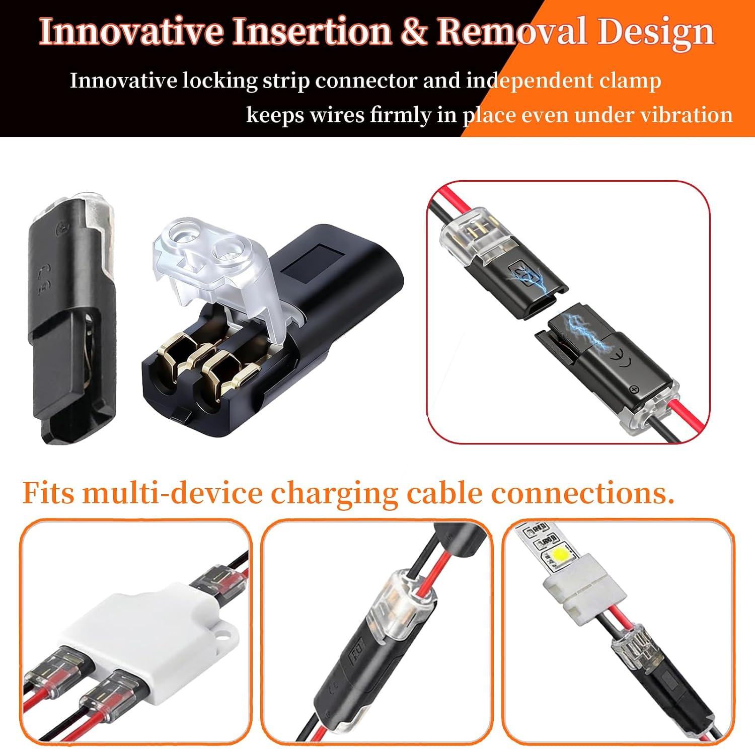 Double Wire Plug in Connector with Locking Buckle,No Stripping Quick Wire connectors kit,Flame Retardant Lock Strip Connector,for LED Strip Lights, DIY,Low-Voltage,Model Kit. (LJQ-100)