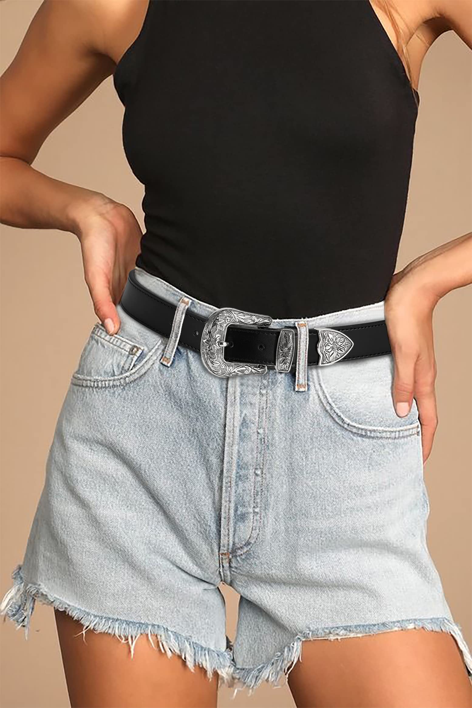Cinturón occidental para mujer, cinturón de vaquero CR de 1.1 pulgadas, cinturón de cuero para mujer, cinturón de cintura para mujer, moda, A-Negro 2