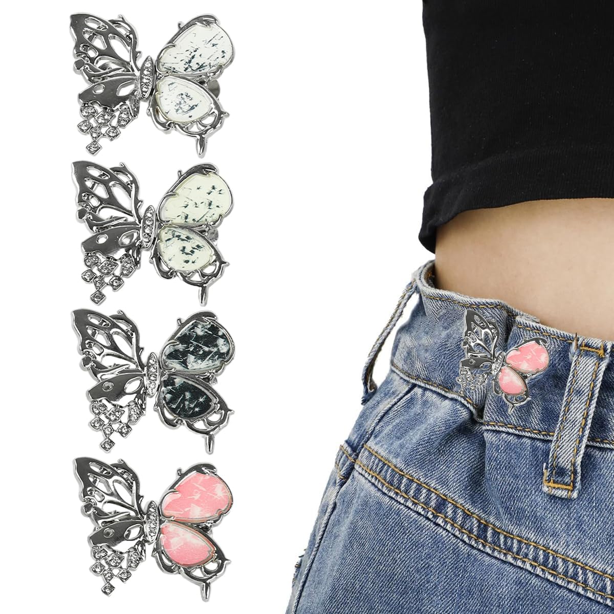 Designer Jeans Waist Tightener Clips for Women,No Sew Adjustable Button Pins,Reusable Pant Size Reducer Buckle for Loose Jeans,Skirt & Trousers,Easy Waist Size Control (4pc Diamond Butterfly Clip)