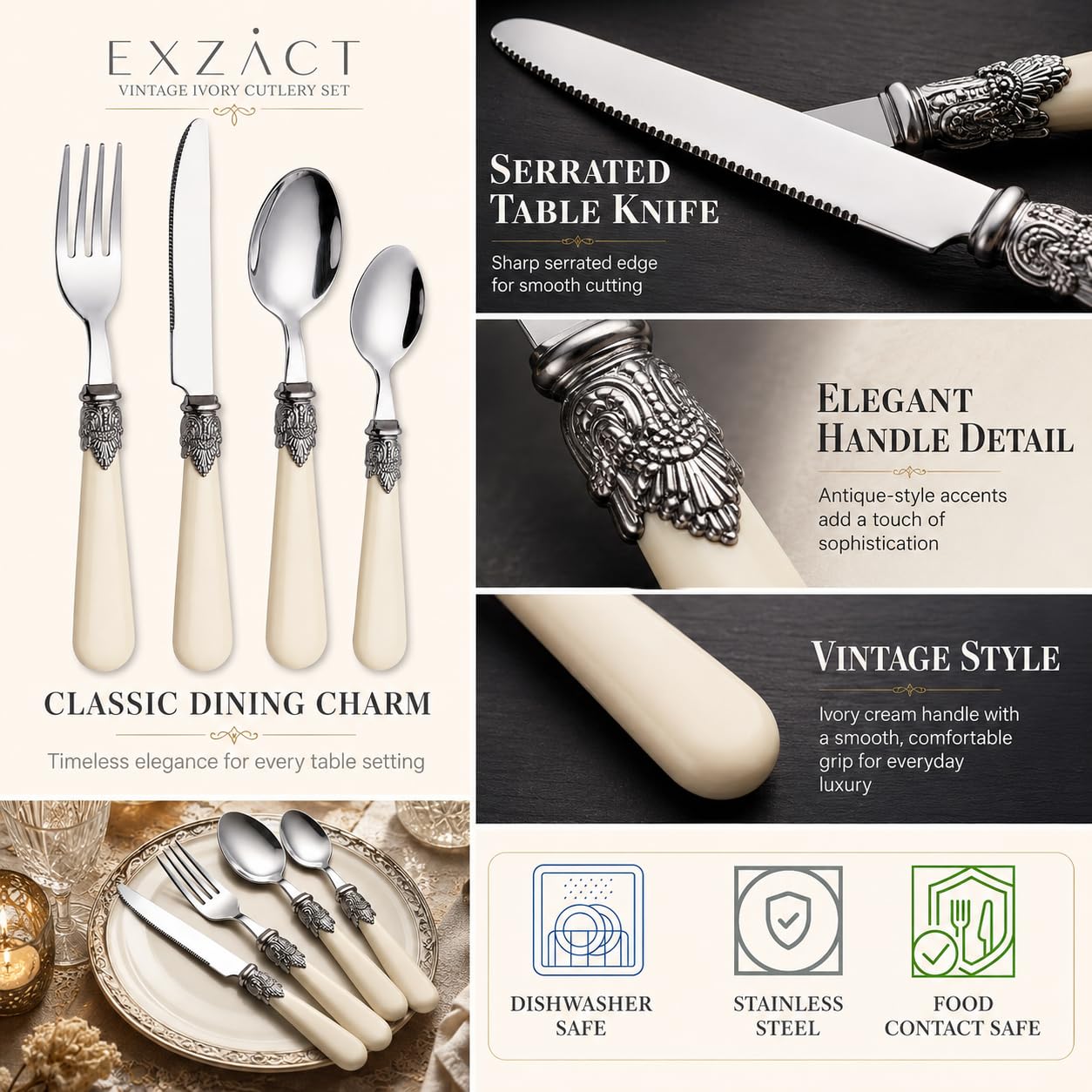 EXZACT Ensemble de couverts crème ivoire 24 PCS, acier inoxydable avec poignée détaillée, traditionnel, élégant, Vintage Style/Antique (WF28-24CRM)