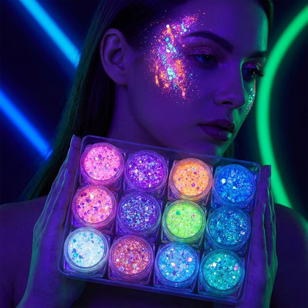 12 Colori Festival Glitter Viso, Fluorescente Glitter e Fosforescenti al Buio per Corpo Capelli Trucco Fluo Serata Carnevale Scena Concerto Adulti Halloween Matrimonio