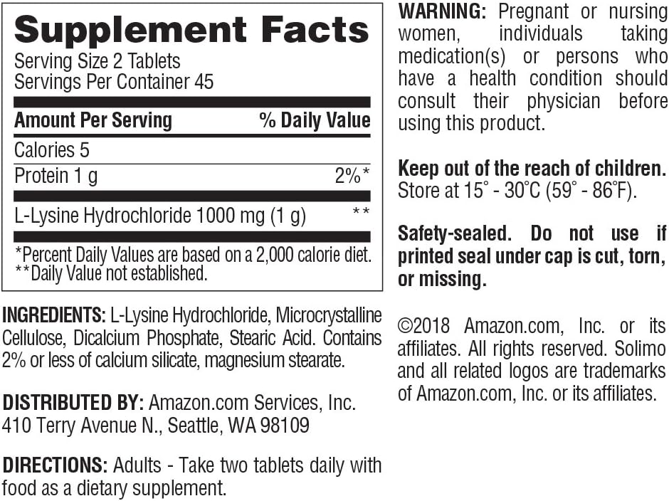 Amazon Brand - Solimo L-Lysine 1000mg, 90 Tablets, 2 Tablets per Serving