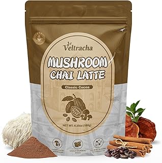 Veltracha Mushroom Chai Tea, Instant Chai Tea Powder with 6 Adaptogenic Mushrooms, Spiced Chai Latte for Energy & Focus Support, 6.35 oz 20 Servings (Classic Cocoa)