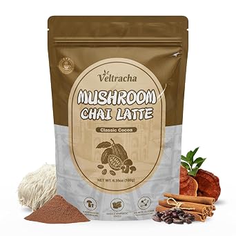 Veltracha Mushroom Chai Tea, Instant Decaf Powder, Classic Cocoa