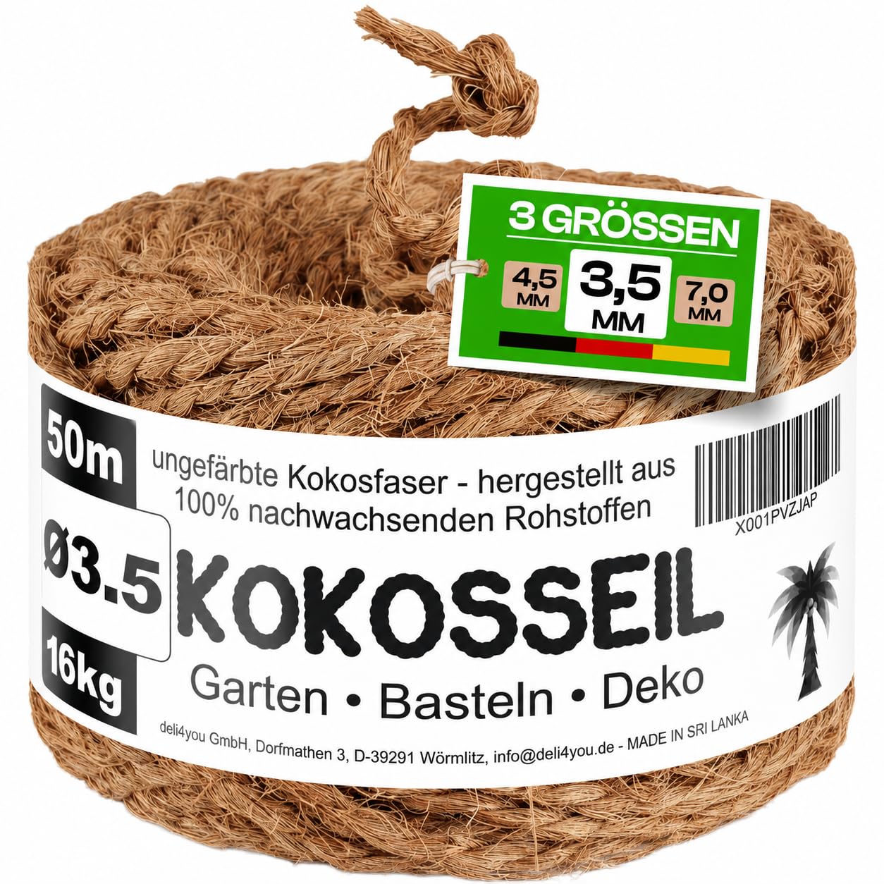 deli4you Coconut Rope 3.5 mm x 50 m - Coconut Knit Rope Coconut Yarn as Binding Wire Natural Plant Tie Plant Tape - Decorative Coconut Ribbon Parcel Cord