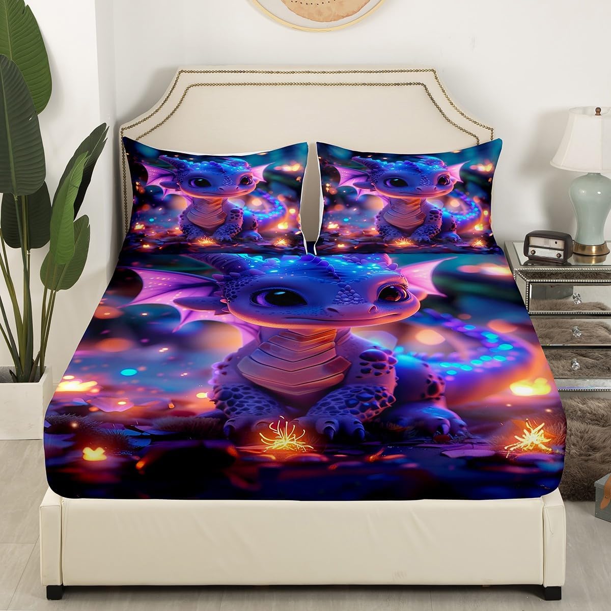 Castle Fairy Cute Dragon Fitted Sheet Twin Size Mysterious Jungle Bedding Set 2Pcs Kawaii Western Dragon Animal Bed Sheet for Kids Room Decor Glitter Plant Deep Pocket Sheet