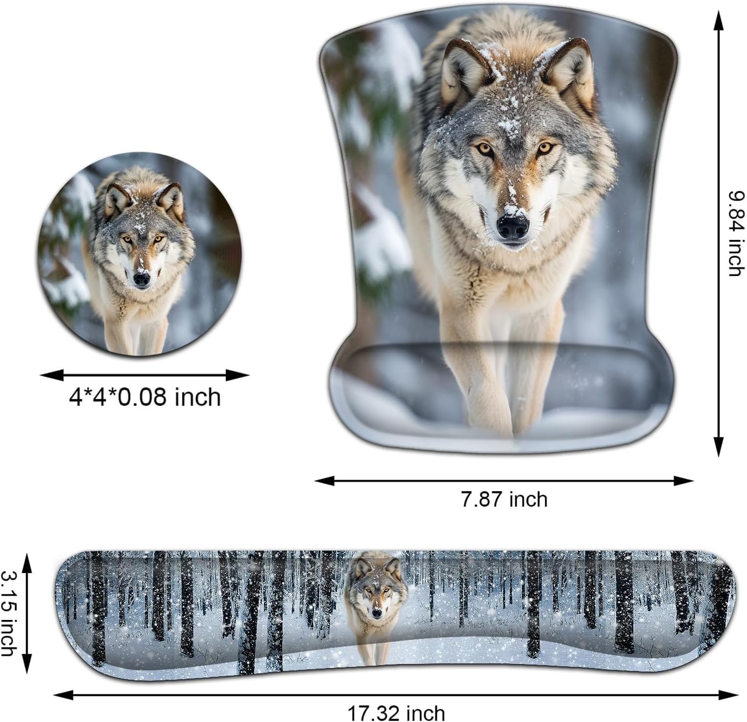 Keyboard Wrist Rest and Mouse Pad Wrist Support Set, Ergonomic Gel Mouse Pad Wrist Rest with Non-Slip Base for Home Office Desk Pad Easy Typing, Wolf in Snowy Forest Pattern Gaming Mouse Mat