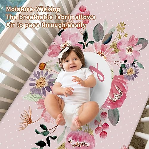 Miniatura 7 de Sábanas personalizadas para cuna  Paquete de 2 sábanas portátiles de flores para cuna con nombre, juego de ropa de cama personalizado para guardería