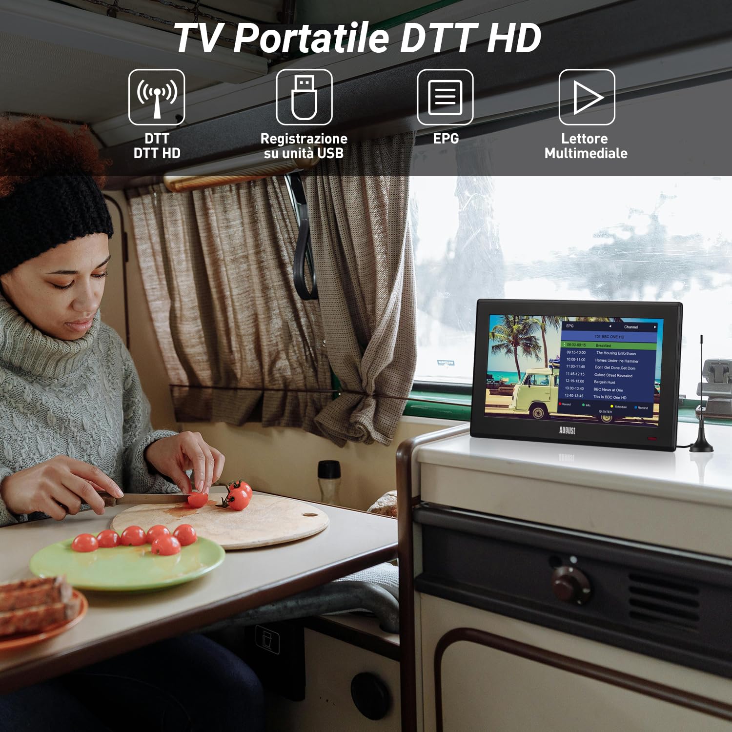 August DA100D Televisore Portatile TDT HD 10" DVB-T/DVB-T2/ Analogica / MPEG4 H.264/H.265/HEVC - TV Digitale LCD UHD con Multimedia Player, PVR, USB, Mini Televisone per Cucina, Soggirno, Auto