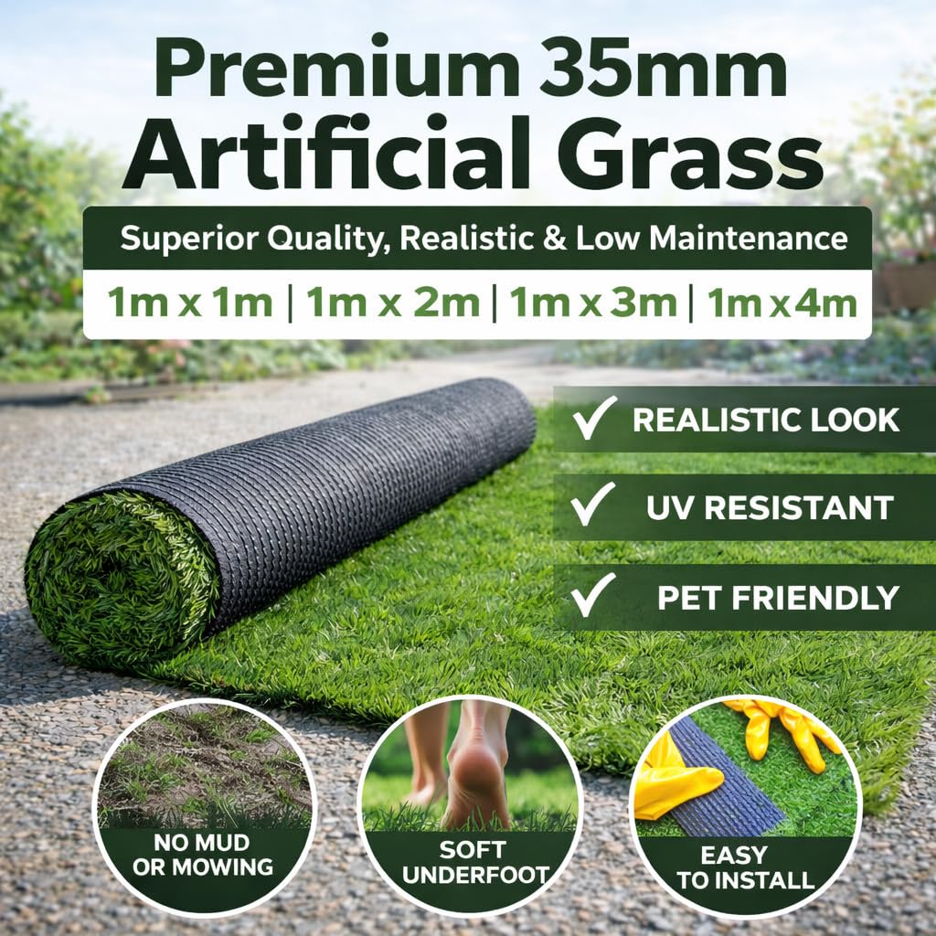 35mm Artificial Grass for Garden, Patio & Balcony, Natural Realistic Fake Lawn Astro Turf, UV Resistant, Soft, Low Maintenance, Pet Friendly Outdoor Turf - Goods Emporium (1m x 2m, 35mm Premium) - 2
