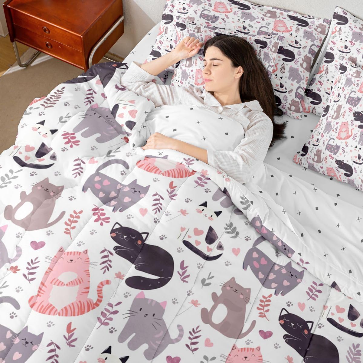 Feelyou Cat Comforter Set Twin Size 7 Pieces Cute Kitten Bedding Set for Kids Boys Girls Kawaii Cartoon Animal Bed in a Bag with Comforter, Sheets, Pillowcases, Cushion Covers Colorful Floral