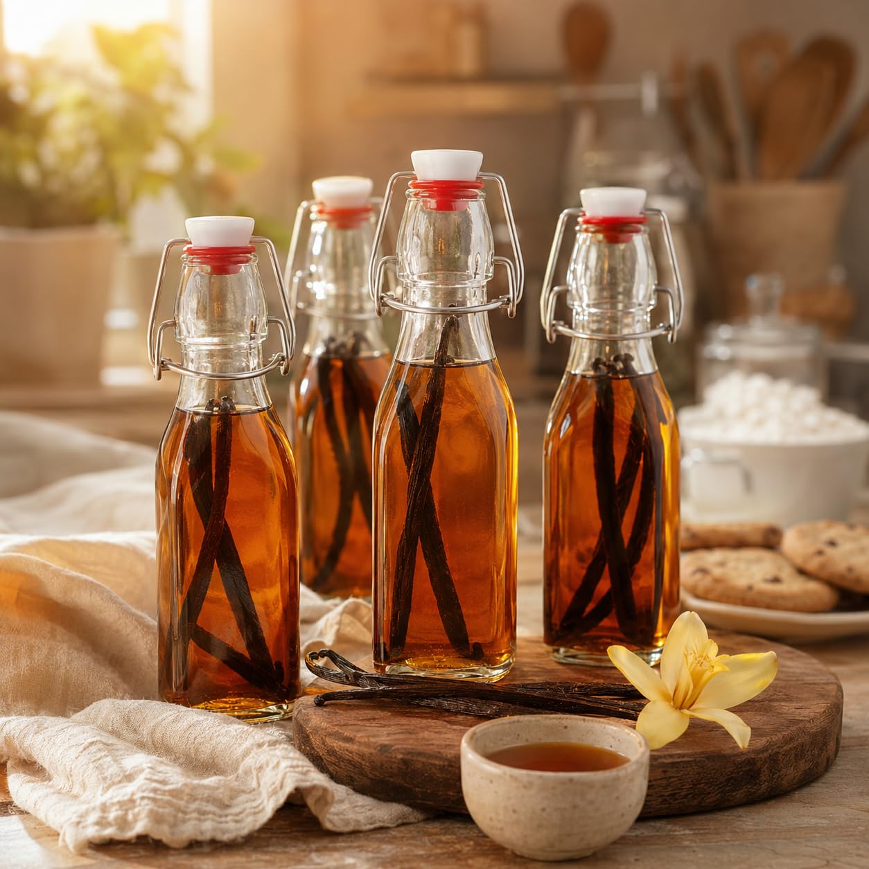 WILLDAN Juego de 12 botellas de vidrio de 8.5 onzas con tapa abatible para kombucha, kéfir, extracto de vainilla, cerveza, tapas herméticas y tapas a prueba de fugas, juntas y embudo adicionales