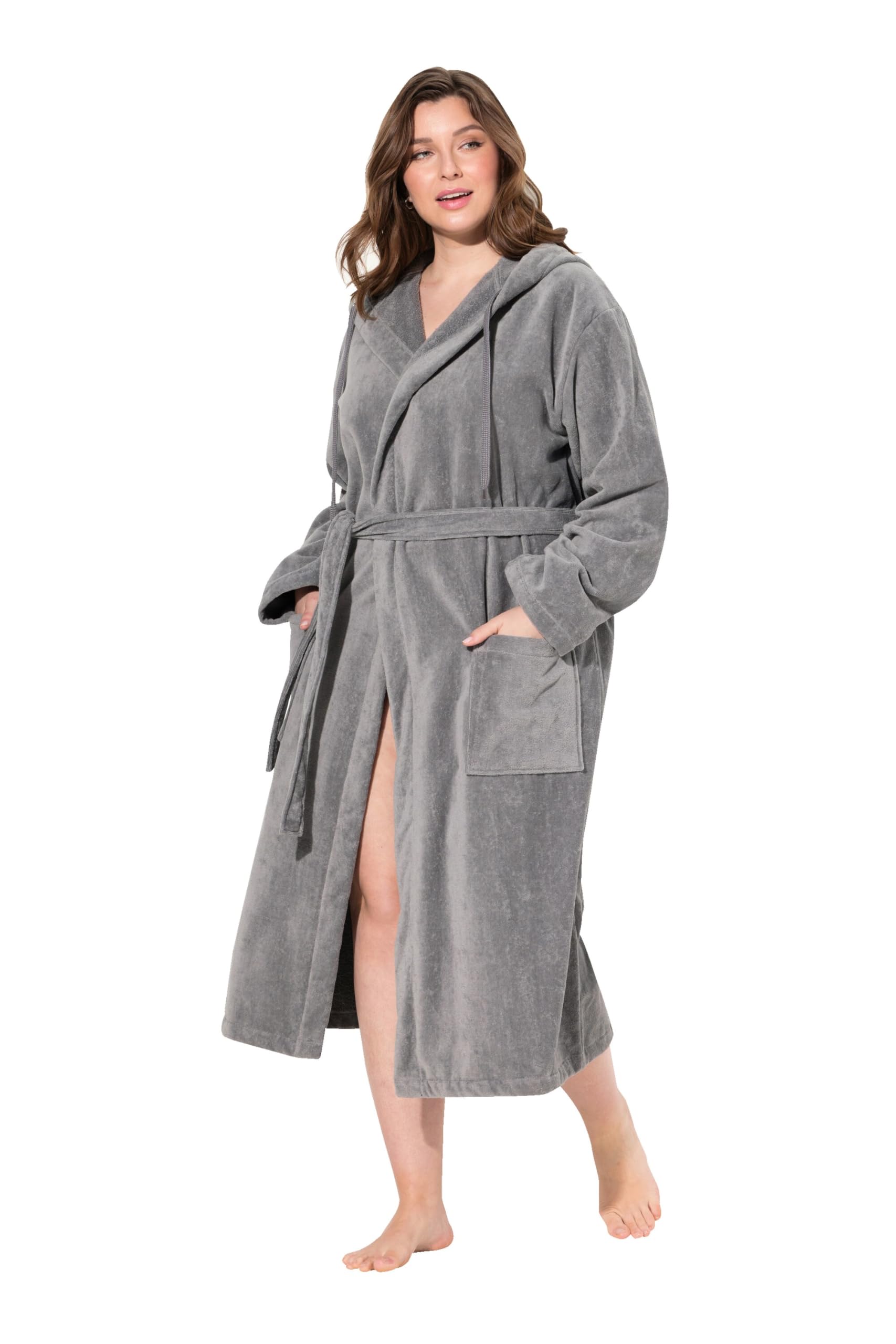 Ulla Popken Damen große Größen Übergrößen Plus Size Bademantel, Kapuze, Gürtel, A-Linie, Frottee 830466