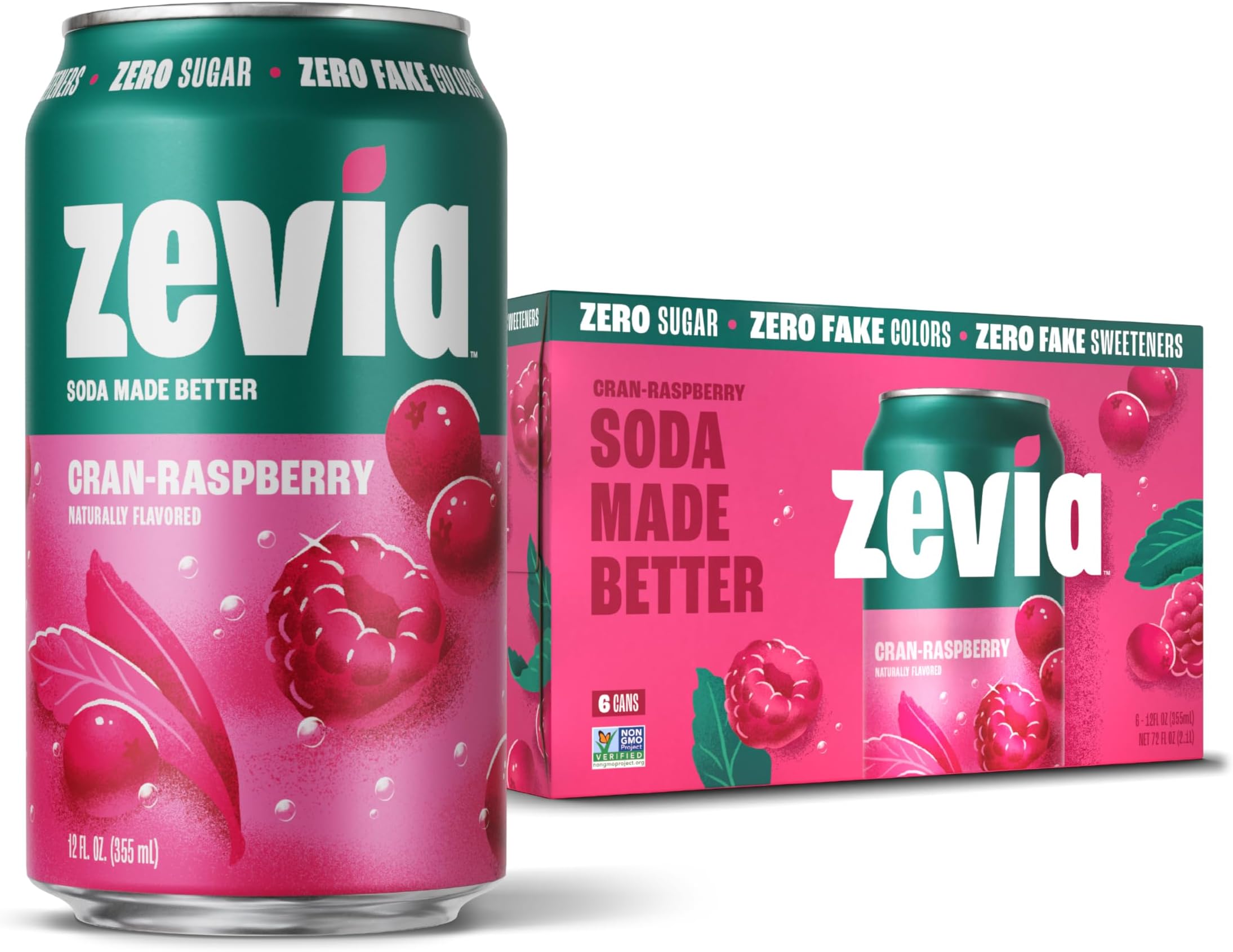 Zevia Zero Sugar Soda, Cran-Raspberry, 12 oz Cans (6-Pack) – Naturally Sweetened, Zero Calorie Sugar Free Soda - Non-GMO Project Verified, Gluten-Free, Vegan