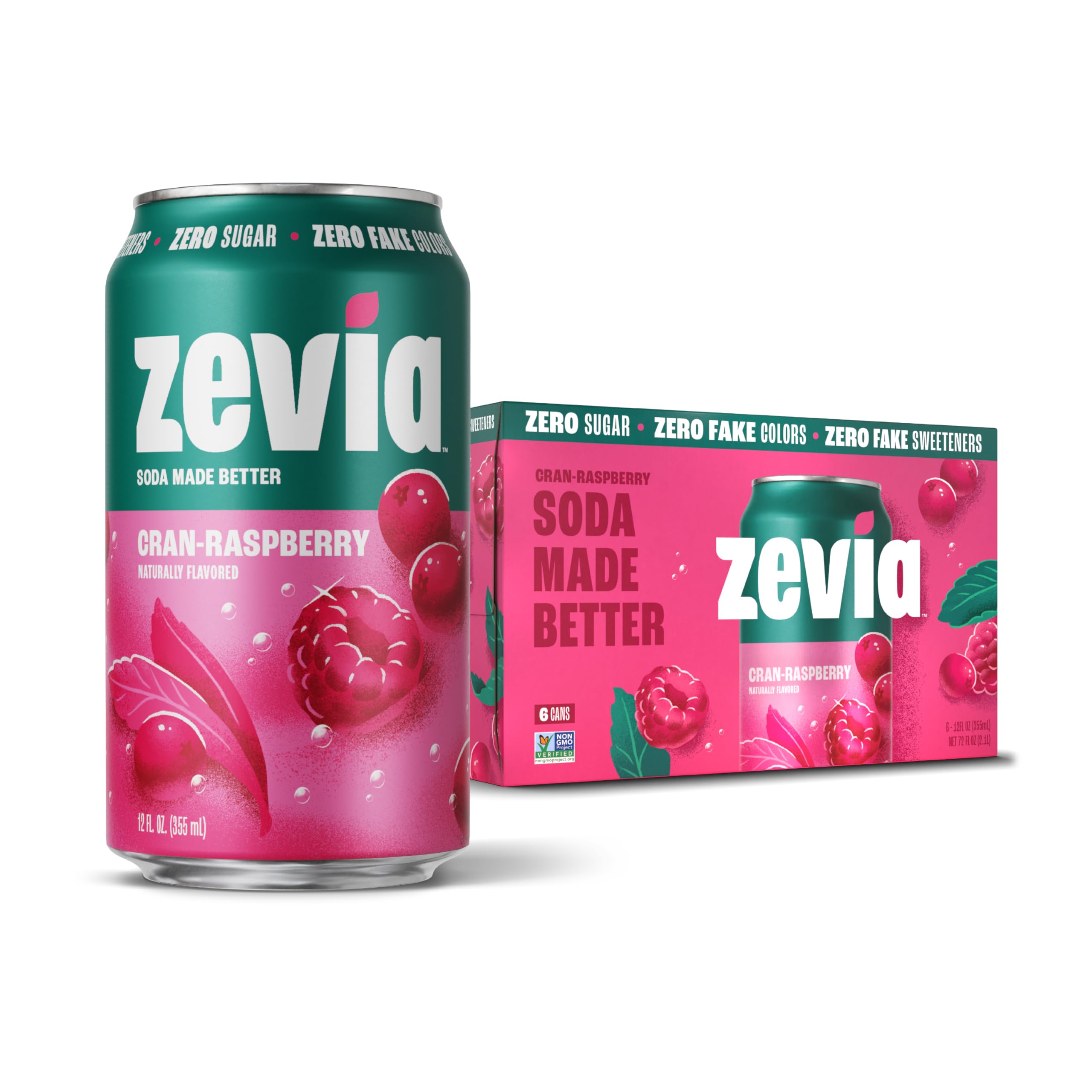 Zevia Zero Sugar Soda, Cran-Raspberry, 12 oz Cans (6-Pack) – Naturally Sweetened, Zero Calorie Sugar Free Soda - Non-GMO Project Verified, Gluten-Free, Vegan