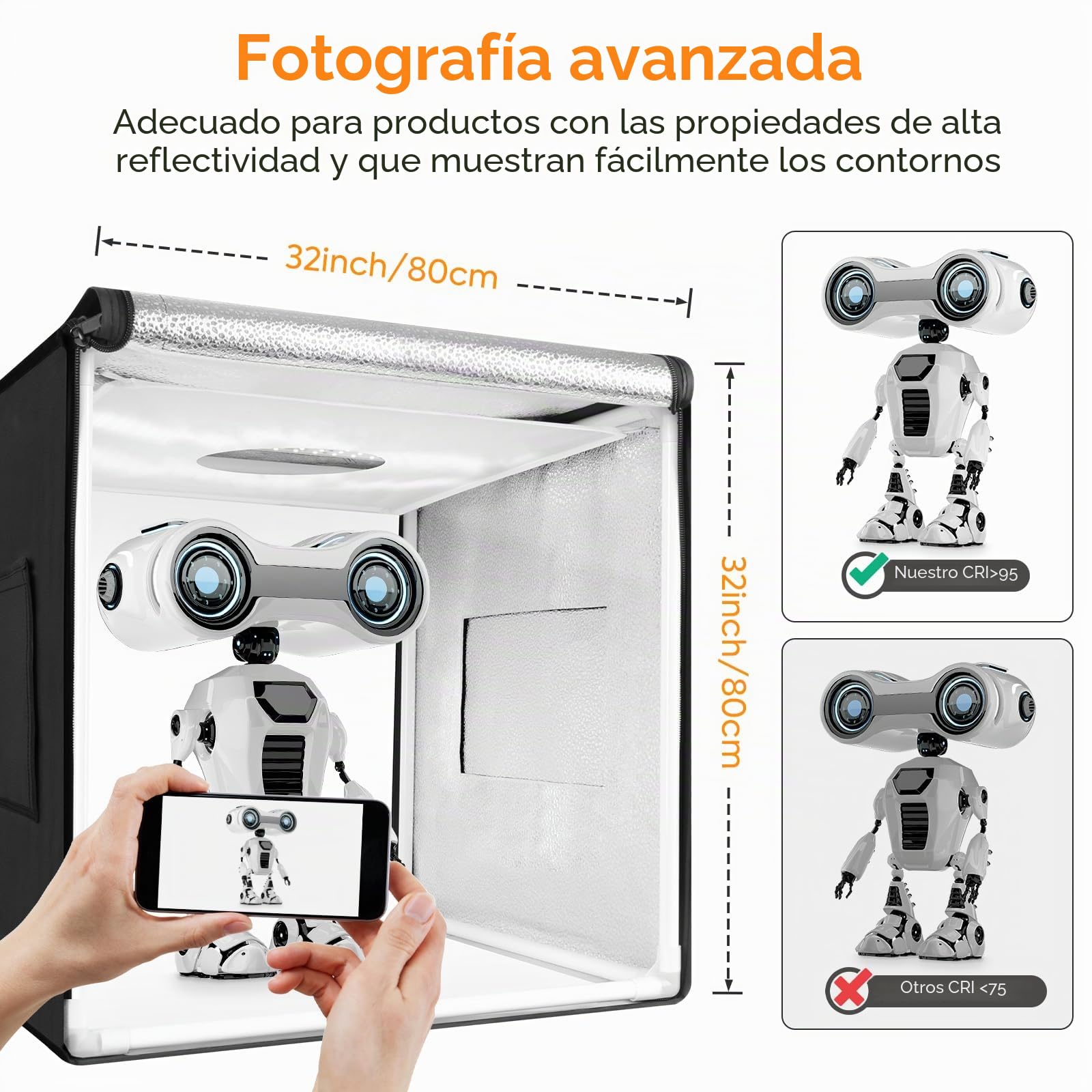 Caja de luz para estudio fotográfico, set de 80 x 80 x 80 cm, profesional, regulable, con luz LED CRI98, 6 fondos de colores, multiángulo para disparar