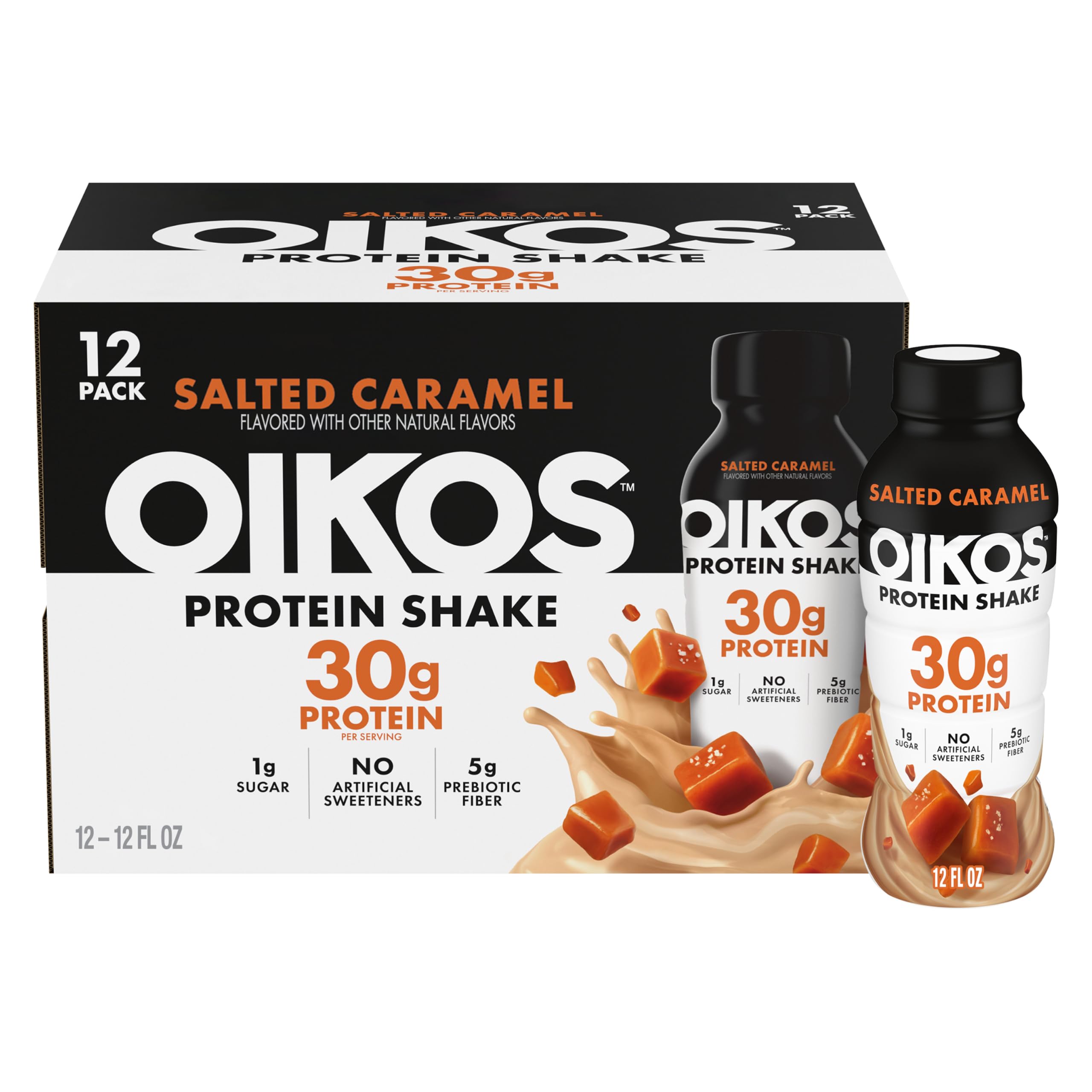 Oikos Bebida proteica pronta para beber sabor caramelo salgado, 30 g de proteína, 12 garrafas de 355 mL