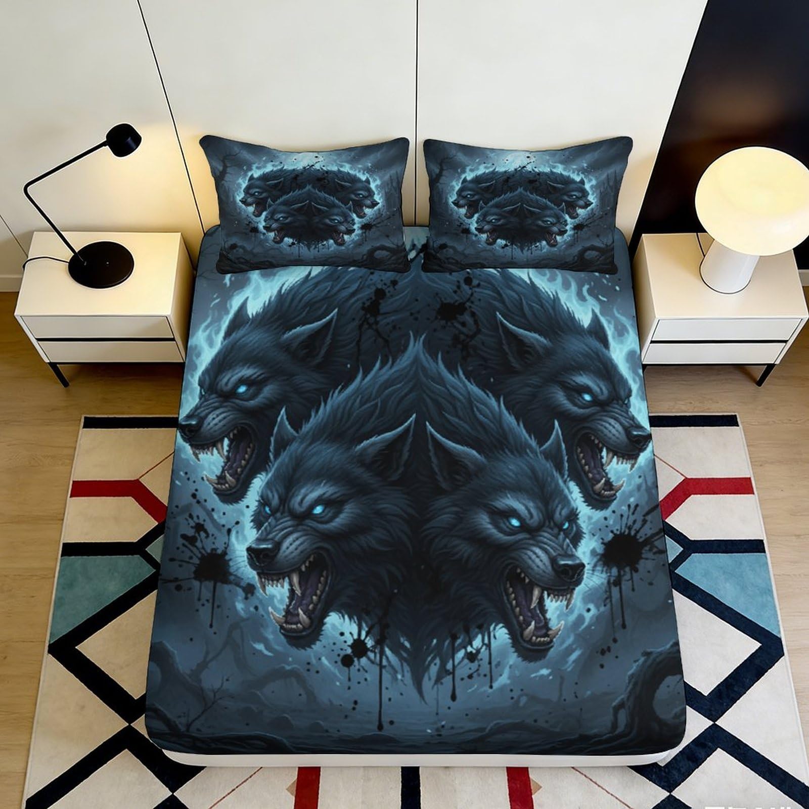 3D Printed Wolf Design Fitted Sheet Microfiber Deep Pocket Bedroom Bedding Wolf Mattress Fitted Cover Elastic Hem Washable for Adults 120x200x25cm