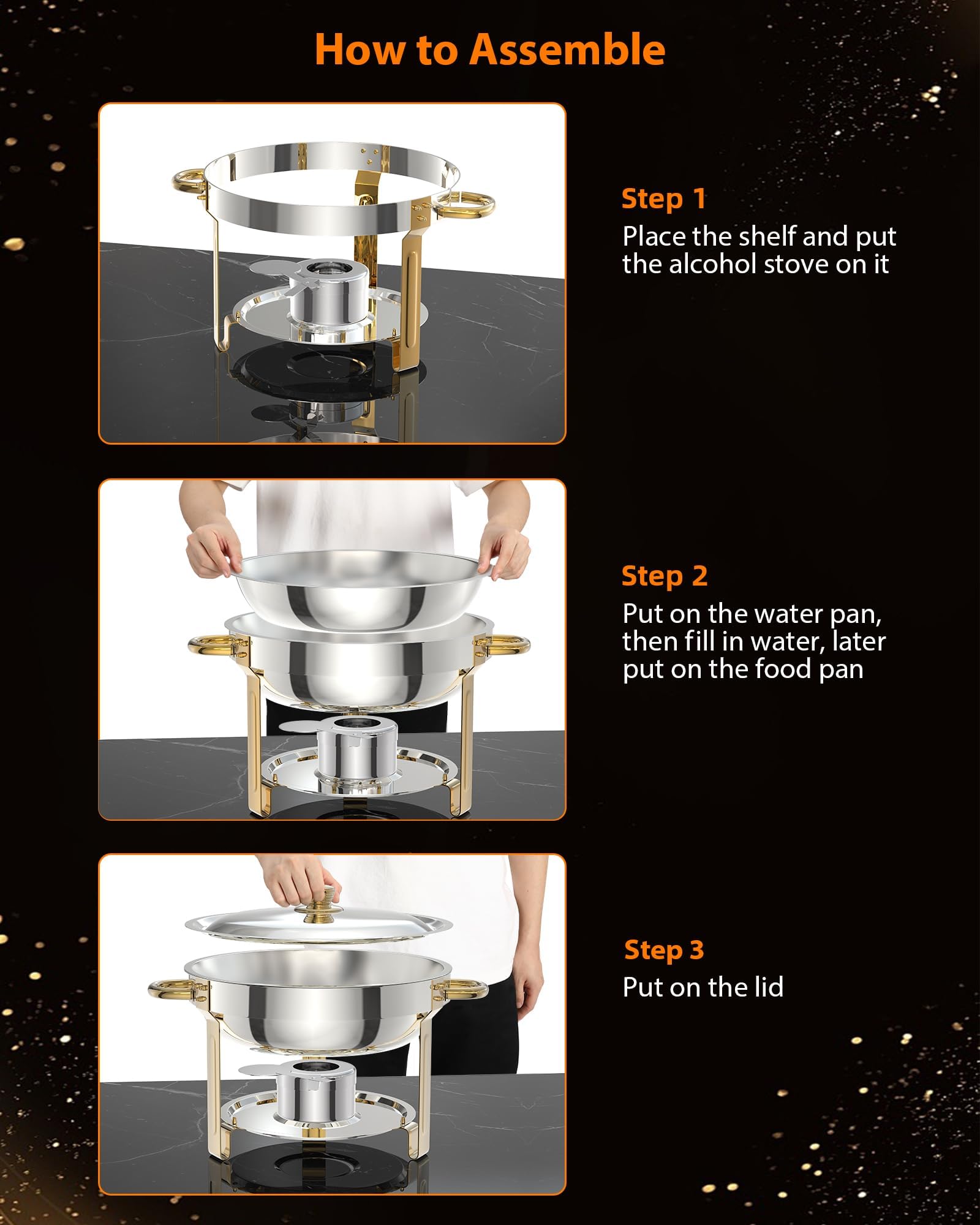 Garvee Juego de 2 platos de cocina redondos de 5 litros para catering, calentadores de alimentos de acero inoxidable con tapas, sartenes de alimentos y soporte de combustible para restaurante