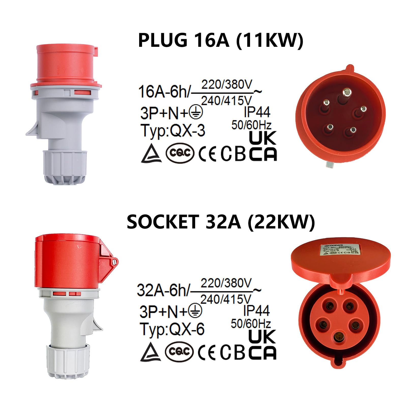Adaptateur CEE fiche 16A vers prise 32A avec couvercle de protection, triphasé, 5 broches, IP44 protégé contre l'eau et la poussière, portable, adapté à un usage industriel et domestique (16-32)