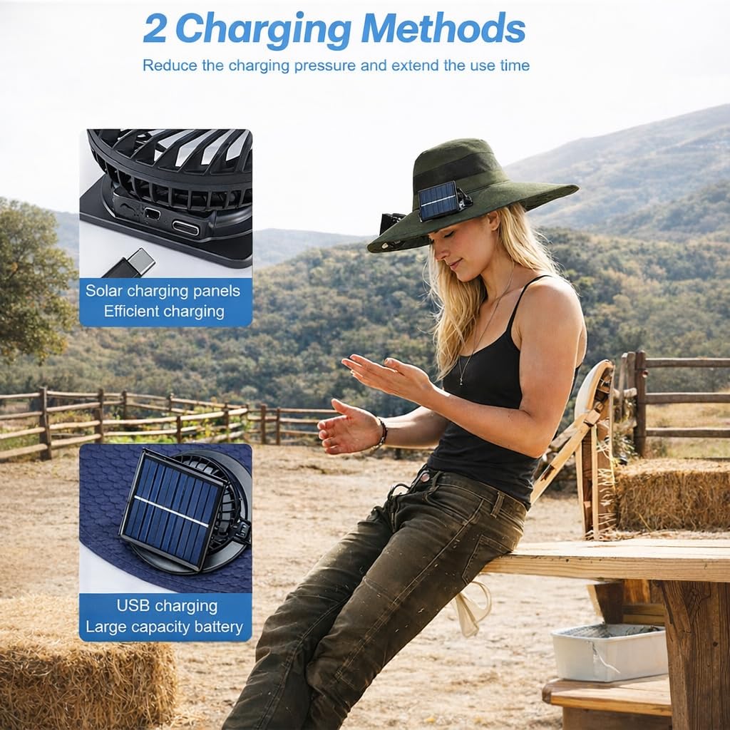 Cappello Ventilatore Alimentato da energia Solare, Cappello Solare Ampio con 2 ventilatori Regolabili Rimovibili, Cappello di Raffreddamento Ricaricabile UPF 50 + Rimovibile e USB per la Pesca