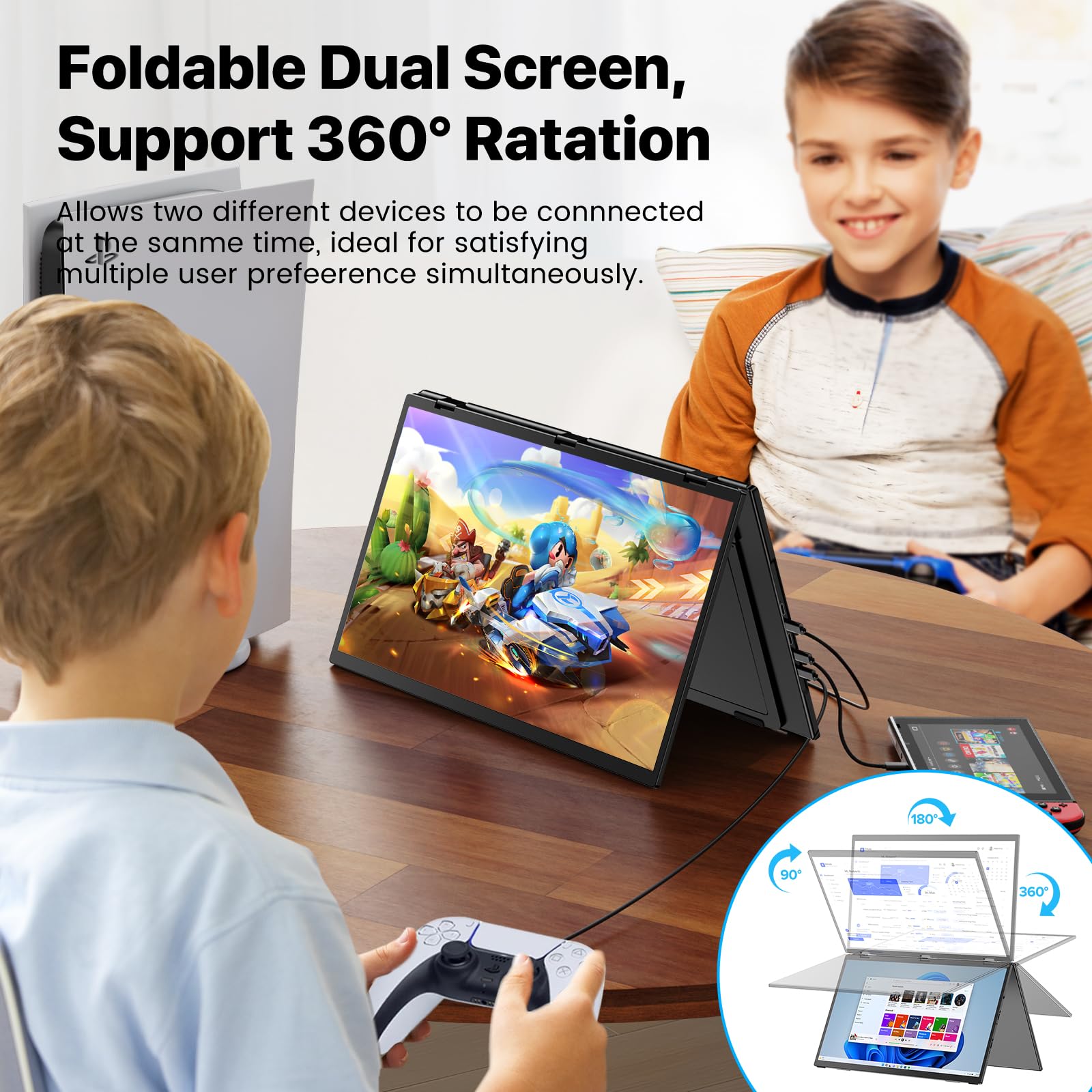 EVICIV Monitor Portatile 18.5'' 100Hz Doppio Schermo Portatile Pieghevole Portable Monitor, 1080P 100% sRGB ΔE<2 Estensore dello Schermo del Laptop con Rotazione automatica di 180°(Nessun Driver)