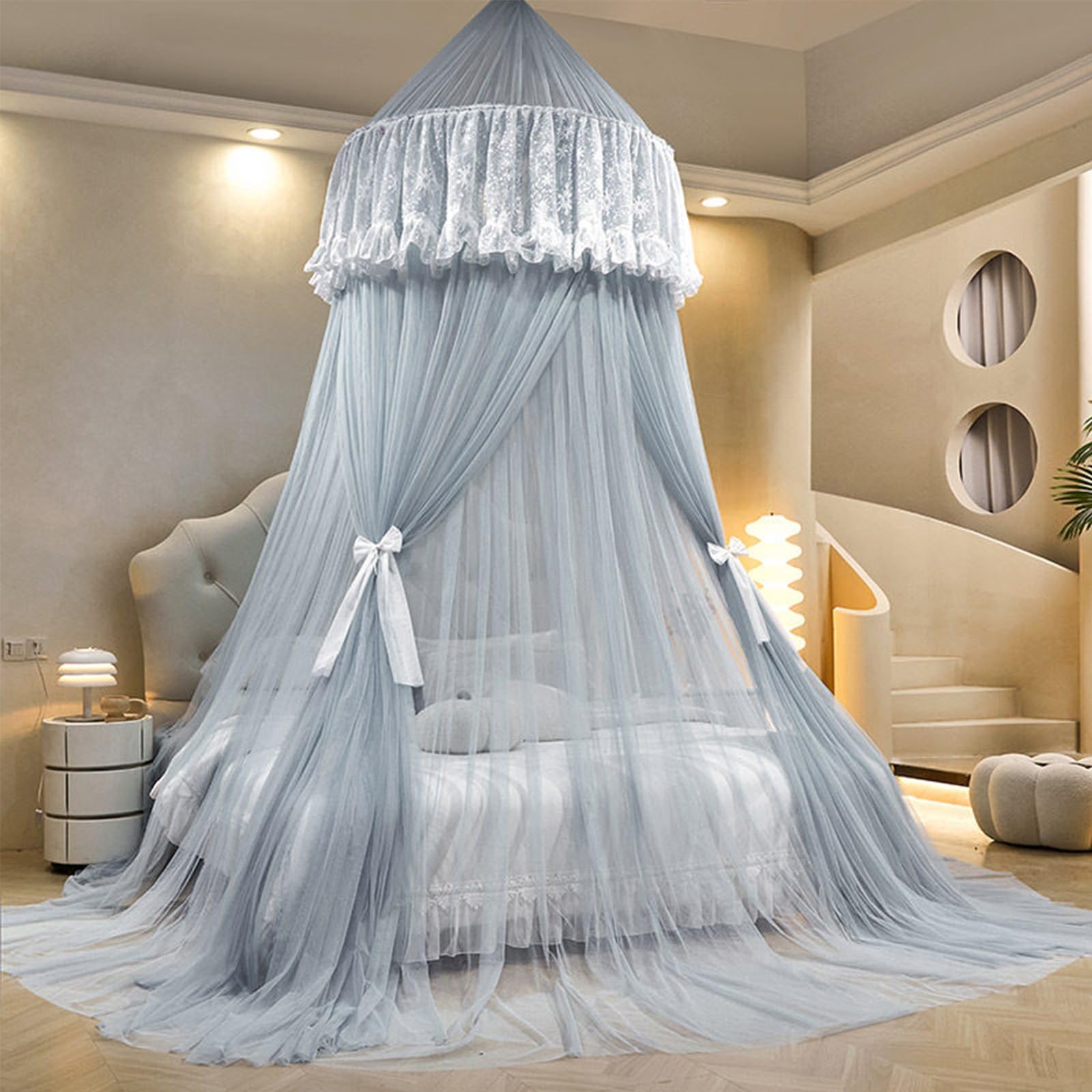 SARKEY Round Dome Canopy Bed Curtain,Ceiling,Floor-standing Mosquito Net,For Girls Ruffle Princess,Unique Play Tent Mesh Canopies Large Lace Drapes Home,Romantic(Trendy gray)
