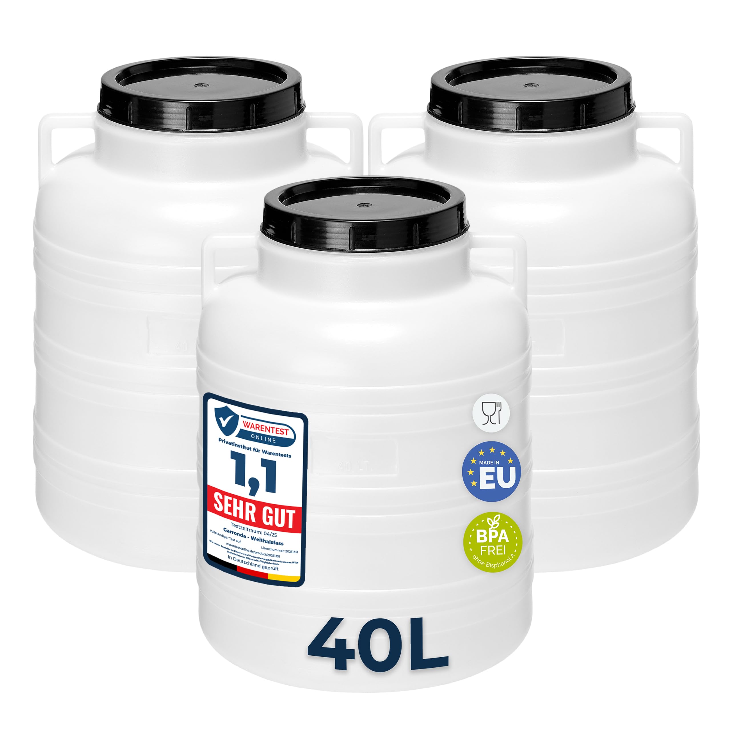 Garronda Set 3X 40 Liter Weithalsfass BPA-frei Futtertonne Fass Universalfass Lebensmittel Fass Regenfass für Garten Regentonne mit Deckel Regenwassertonne für Garten Wassertonne GD-0127 Weiß