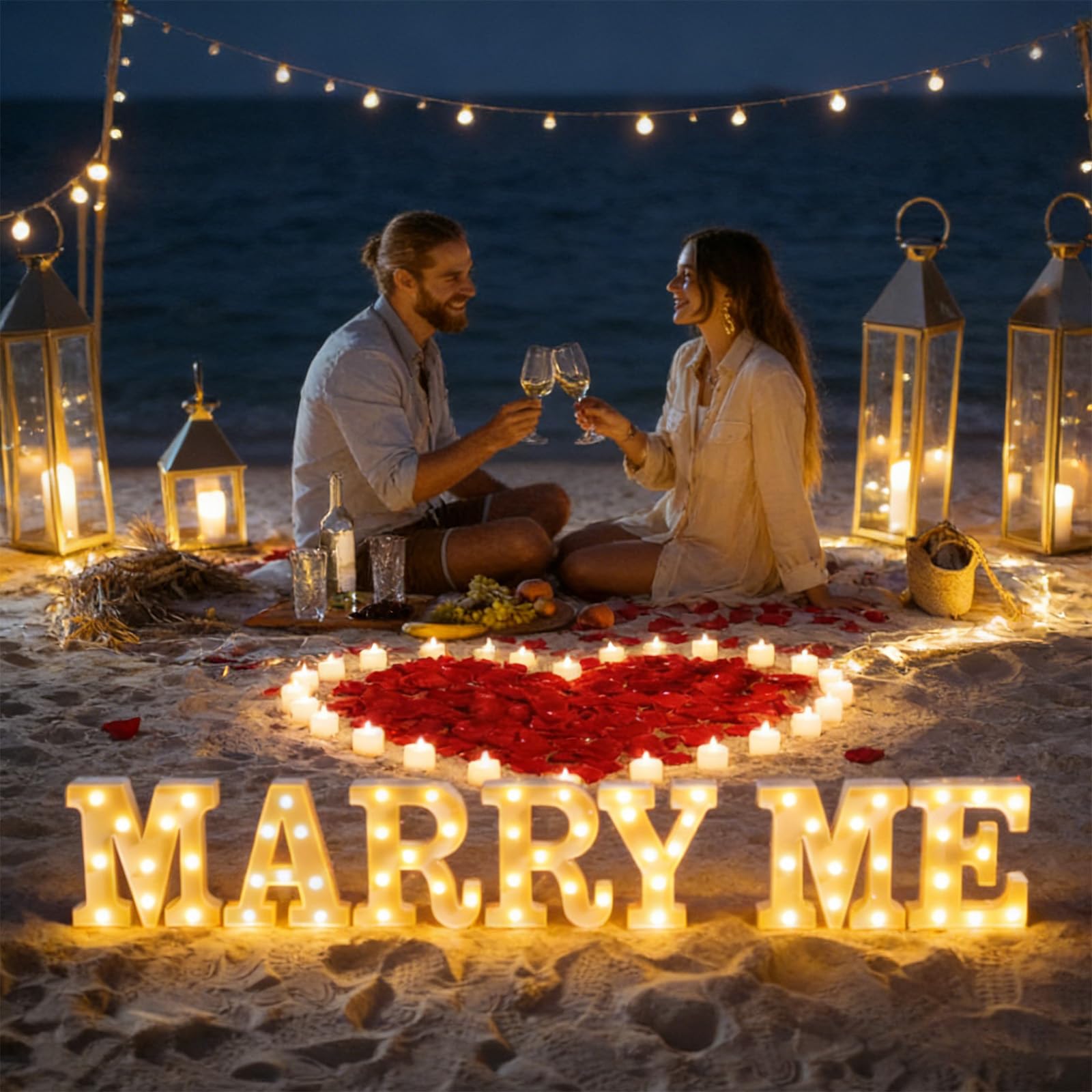 3D Leuchtender Buchstaben für Heiratsanträge, Buchstabenschild mit 24 flammenlosen Herzkerzen und 2000 Rosenblättern für Valentins romantische Nacht Dekor (MARRY ME)