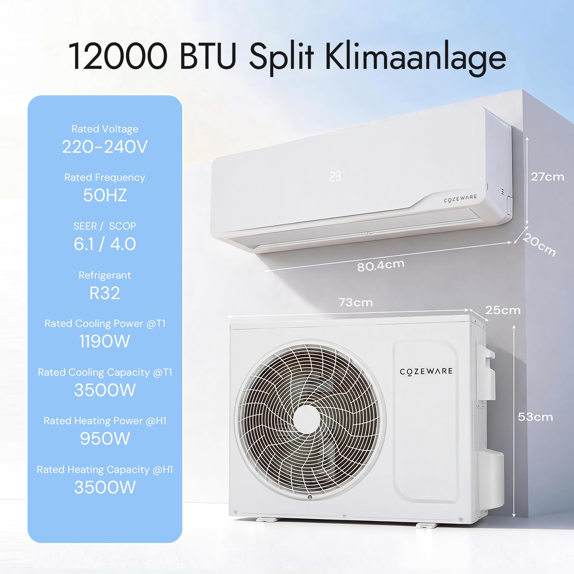 Klimaanlage Split, 12000 BTU / 3,500 W | WLAN/APP Funktion Klimagerät, Kühlen A++/Heizen A+, Kältemittel R32, bis 45m², sehr leise, Fernbedienung, Montagematerial