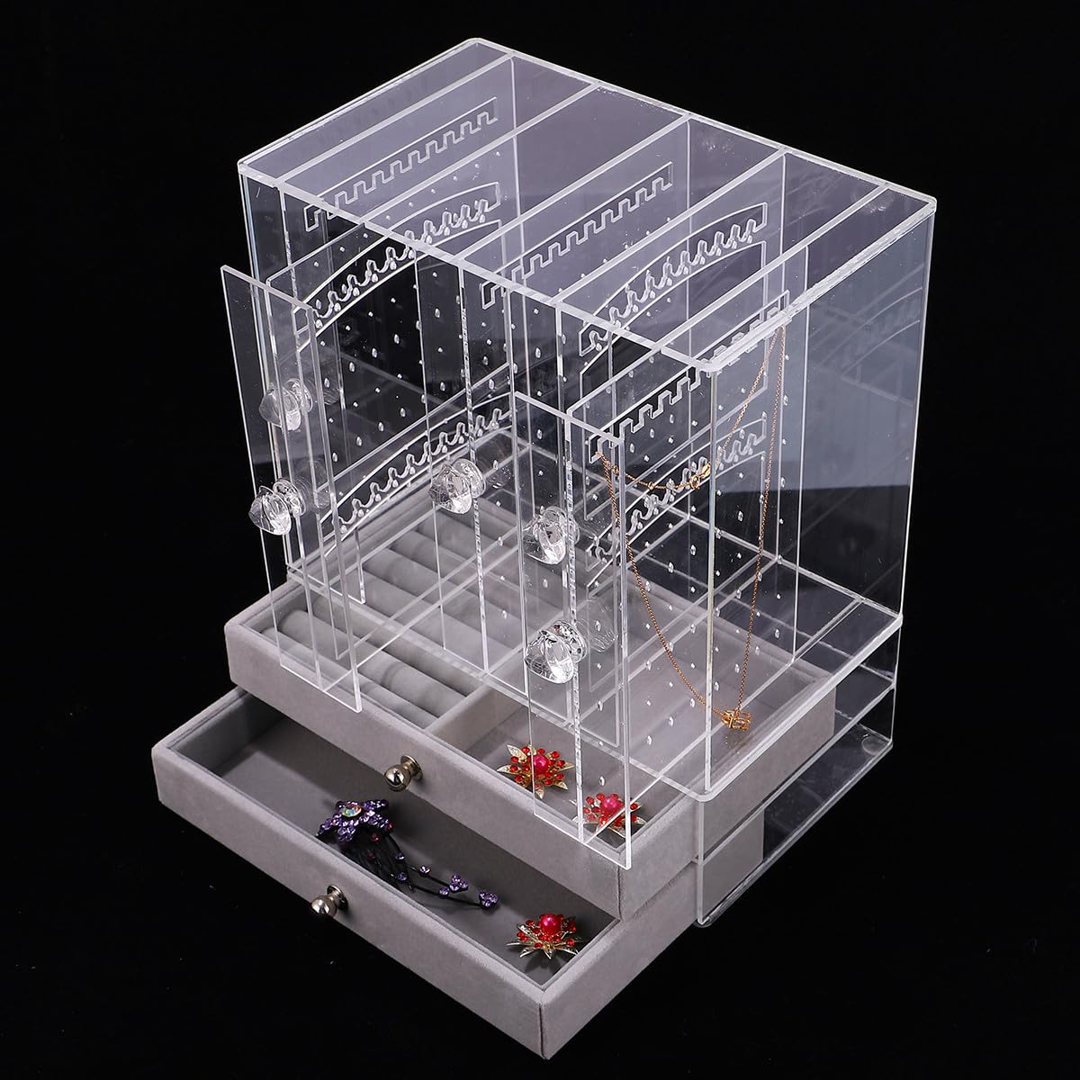 Expositor y Organización de Maquillaje 5 Puertas y 2 Cajones para Joyas de Acrílico Blanco Soporte Estable para Anillos y Collares, Adecuado para Escritorio