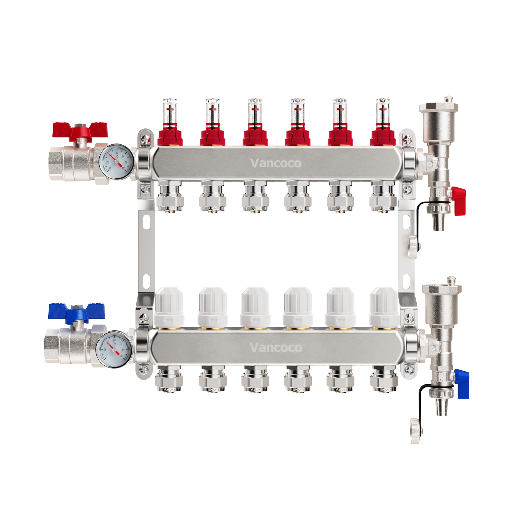 VANCOCO Collettore Riscaldamento Pavimento in Acciaio Inox 6 Circuiti, Eurokonus 16×2 mm, Kit Sfiato Veloce, Valvole a Sfera 1", Portata 5 L/min, Misuratore di Portata