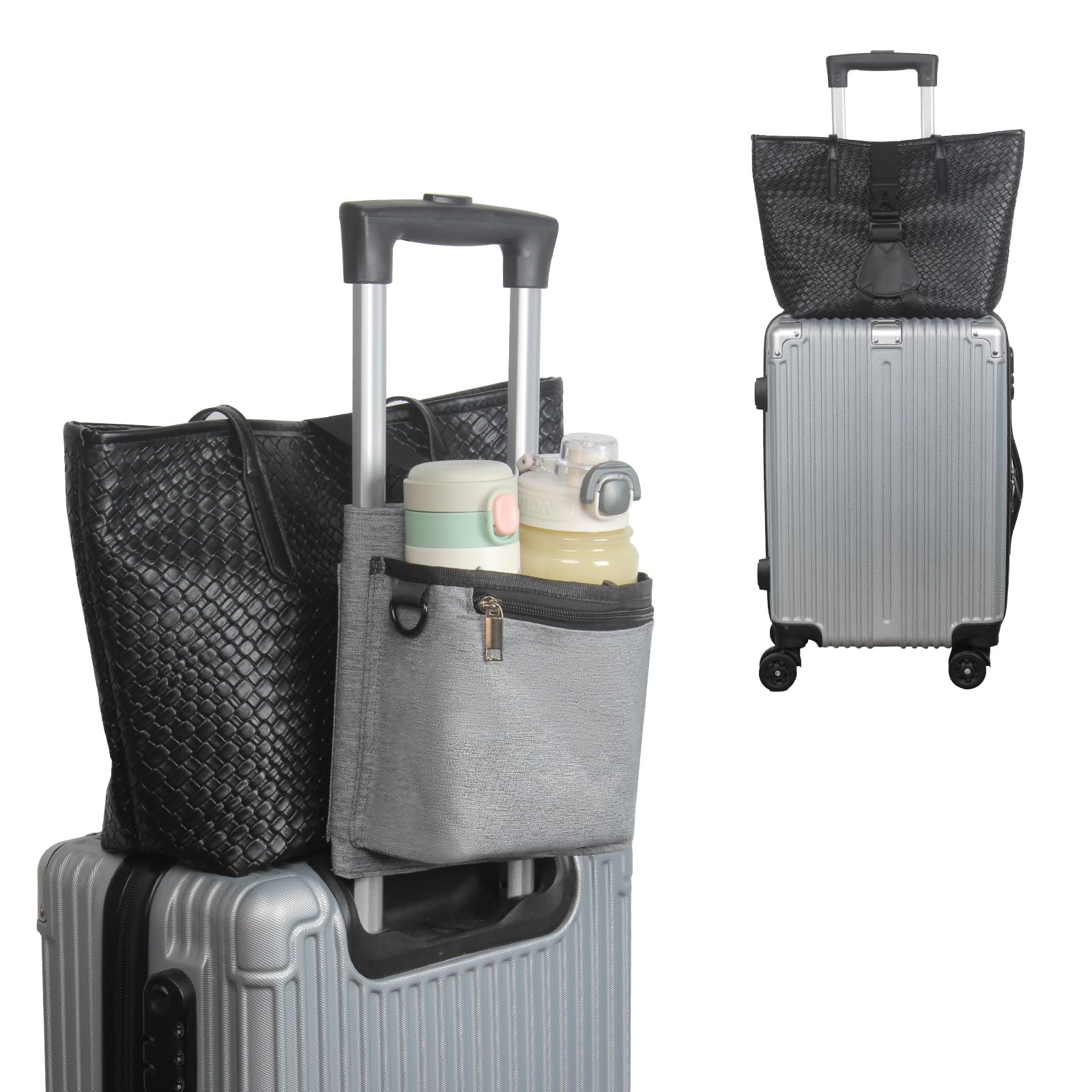 Bokelai Luggage Travel Cup Holder with Luggage Straps (20oz/24oz/ diameter less than 3.15") Free Hand Drink Caddy Beverage Holder Travel Accessories Gift Fits Roll on Suitcase Handles Gray