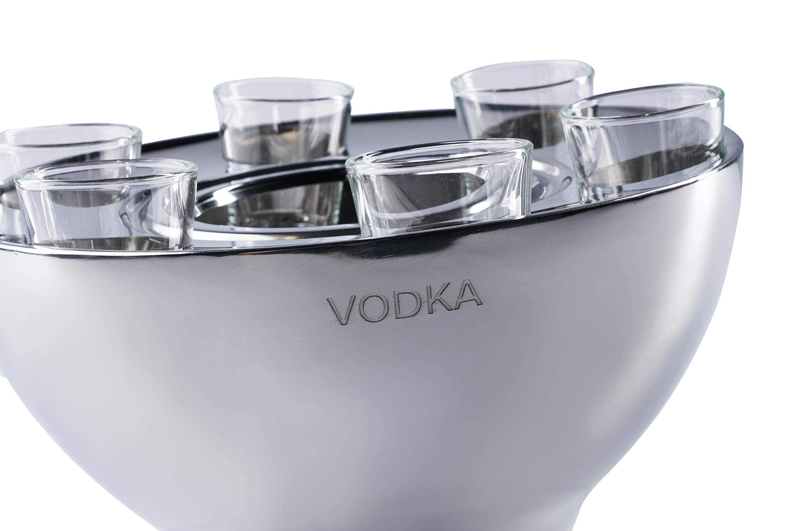 Wodkakühler Wodka Spirituosen Kühler "VODKA" Edelstahl + 6 Shotgläsern Silber, Flaschenkühler Getränkekühler, Party Geschenk 25x25x14 cm