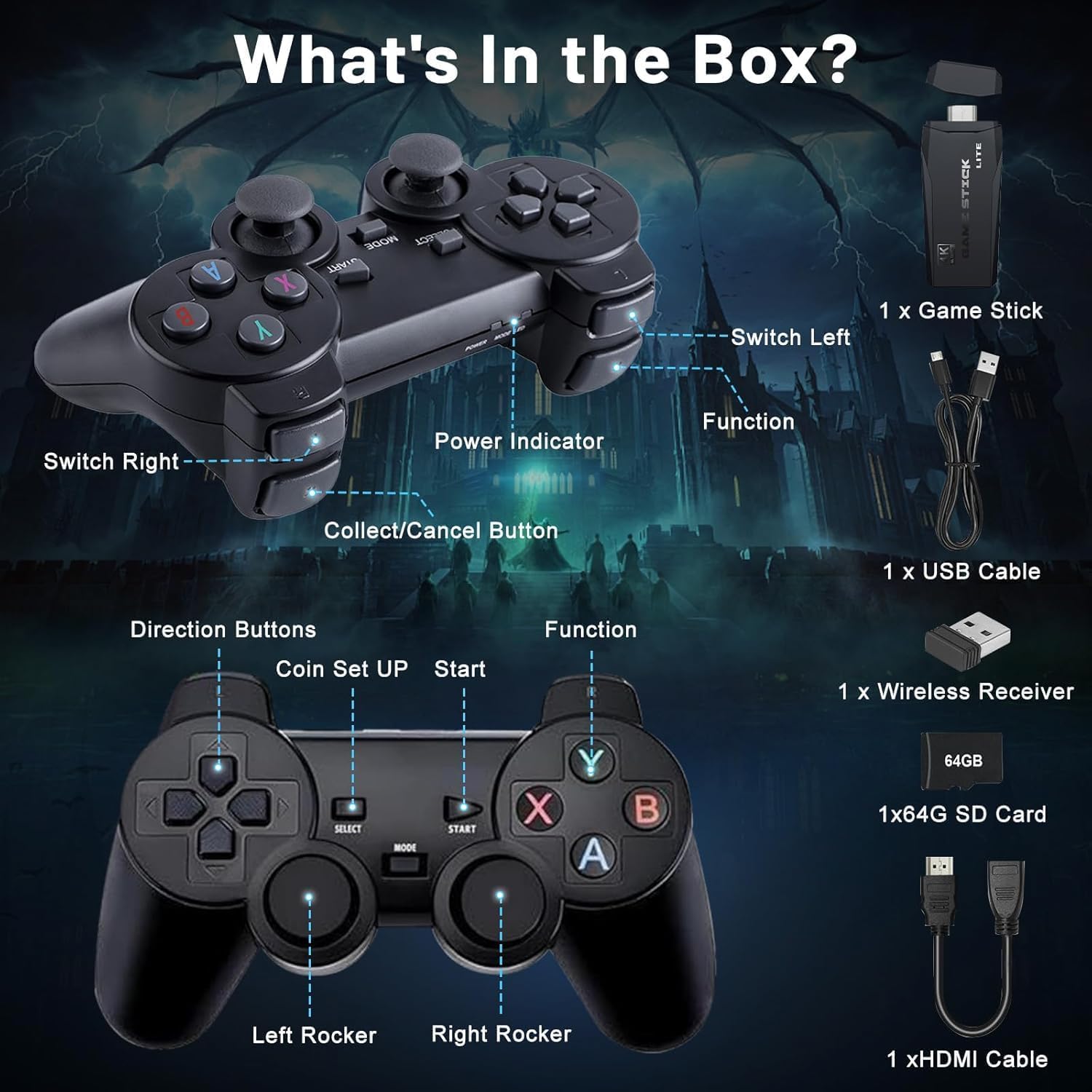 2025 Upgraded Wireless Retro Gaming Console, Plug & Play Video TV Game Stick with 4K HDMI Output,Built-in 9 Emulators, 20,000+ Video Games,with Dual 2.4G Wireless Controllers for TV Plug and Play