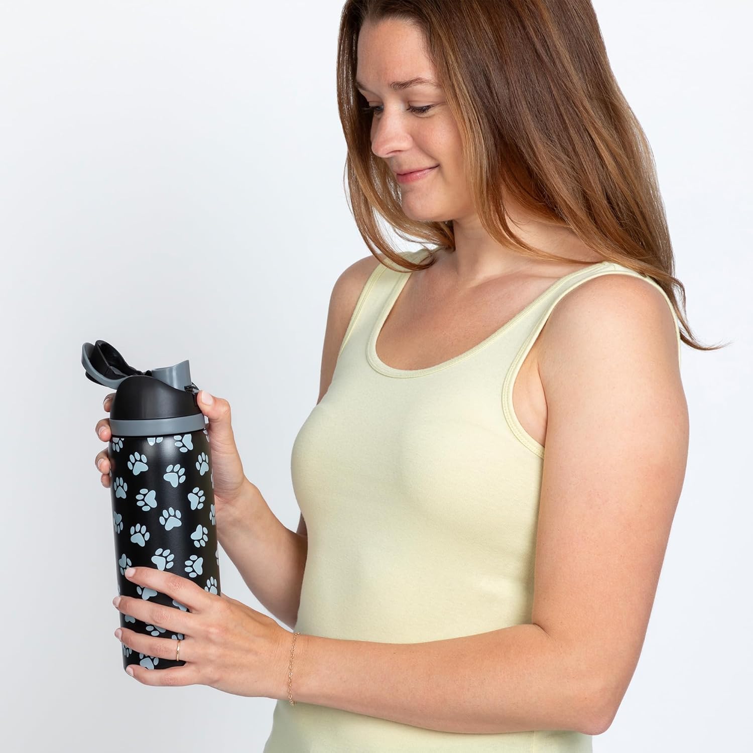 Paw Print 32oz Easy-Sip Double Wall Insulated Stainless Steel Water Bottle – One-Hand Flip Lid with Straw & Carry Handle Travel Tumbler (Black) - Image 2