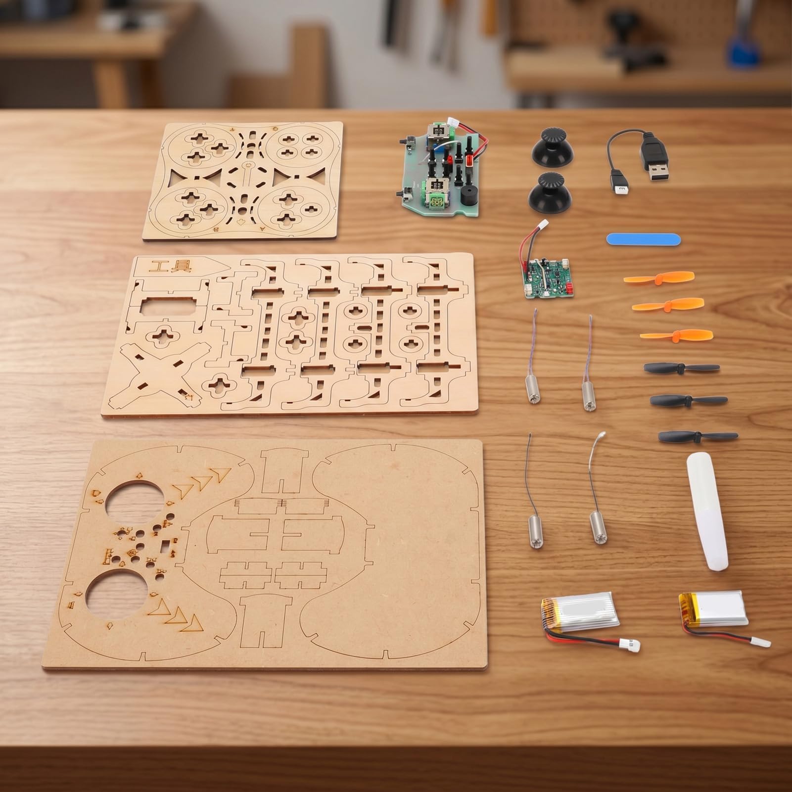 Kit Drone in Legno, Quadricottero Telecomandato Fai-da-te con Telaio Protettivo Completo e una Chiave di Decollo, per Principianti