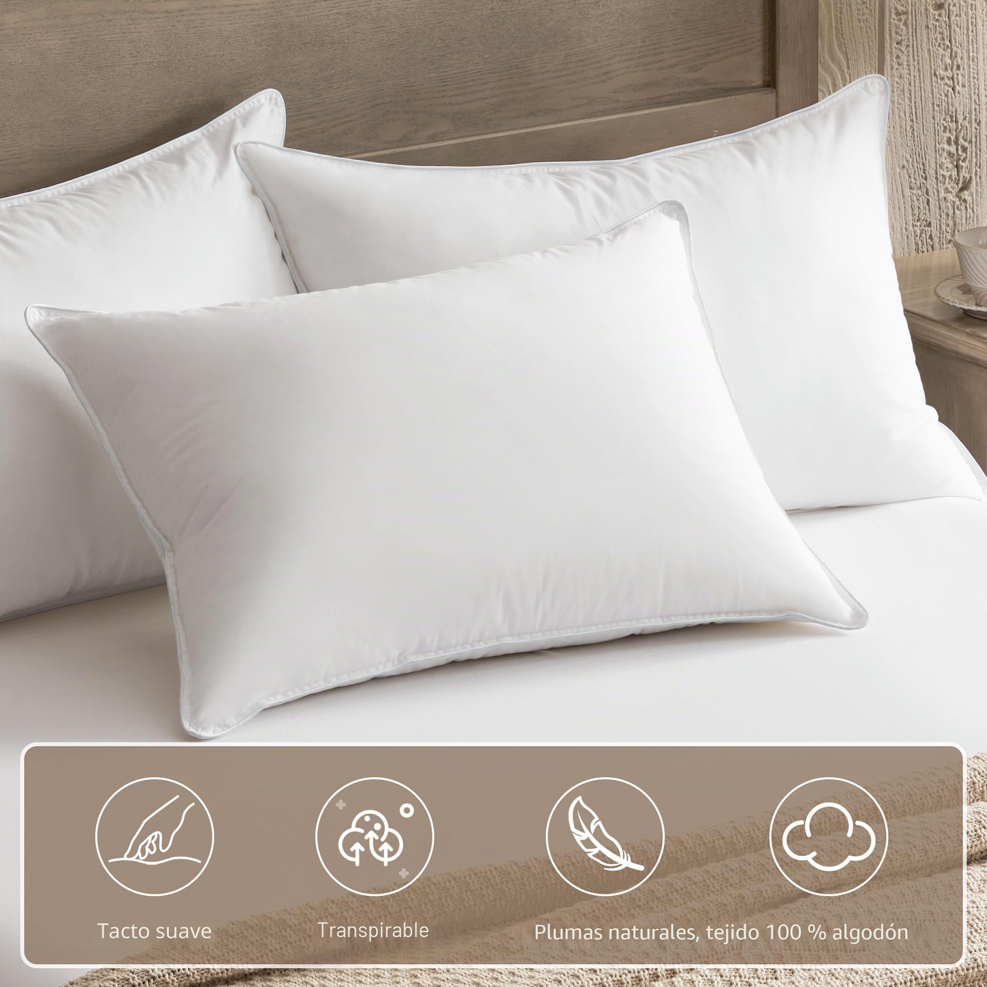 Deodar Juego de 2 almohadas de plumas de 48 x 74 cm, con relleno de 1100 g, 85% plumas de ganso, 15% plumón de ganso, funda de algodón hipoalergénica, lavable a máquina, certificado Öko-Tex y RDS