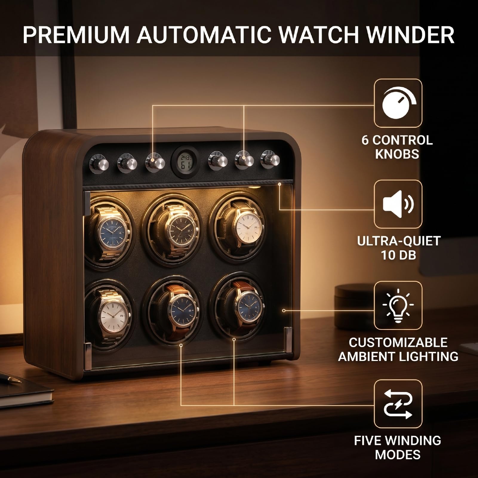 VGEBY Uhrenbeweger, Automatischer Uhrenbeweger mit Gehäuse aus Faserdichteplatine, 5 Modi, LED-Leuchten und 6 Bedienknöpfen für Automatische Uhren, Sammler-Home-Display