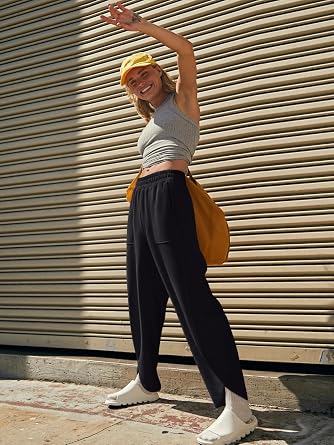 LASLULU Womens Baggy Wide Leg Sweatpants Casual Elastic High Waisted Palazzo Harem Pants with Pockets