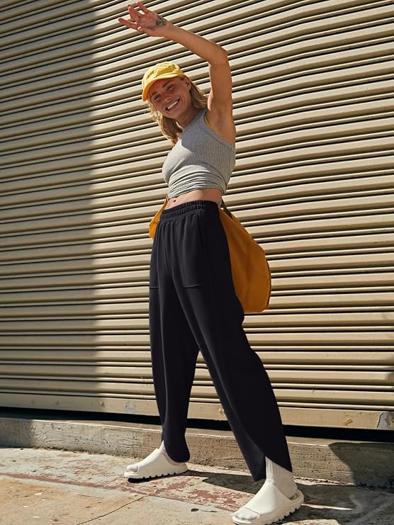 LASLULU Womens Baggy Wide Leg Sweatpants Casual Elastic High Waisted Palazzo Harem Pants with Pockets